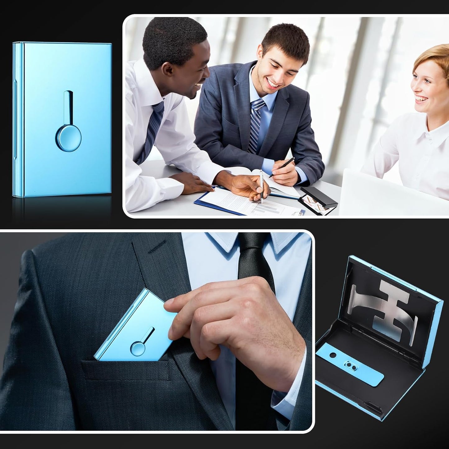 Zonon Large Thumb Drive Business Card Holder Fit 28 Name Credit Aluminum Alloy Slide out Name Card Case Portable Business Holder Wallet Pocket for Men Women (Sapphire Blue)