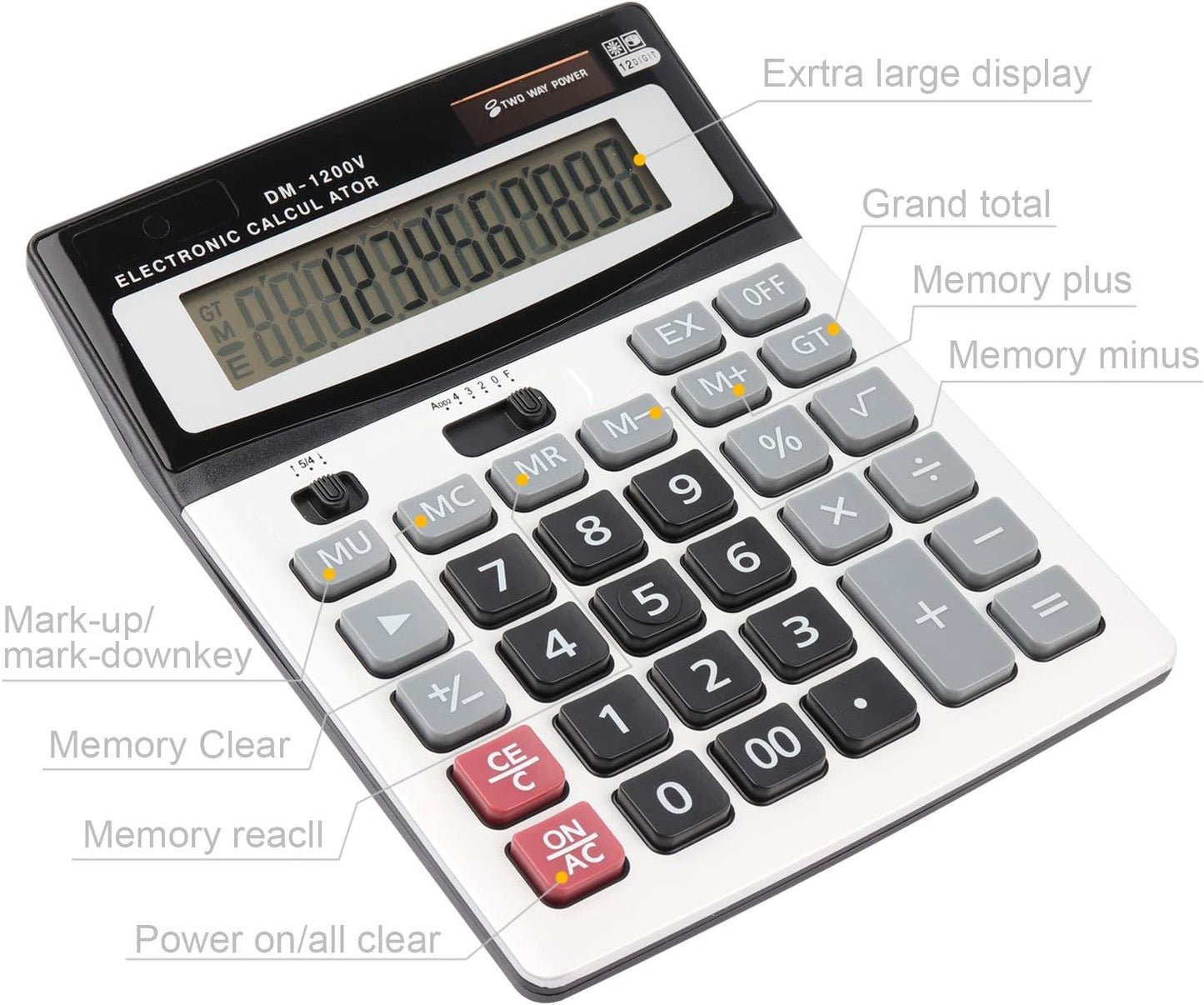 Large Electronic Calculator Counter Solar & Battery Power 12 Digit Display Multi-Functional Big Button for Business Office School Calculating (1 x Calculator)