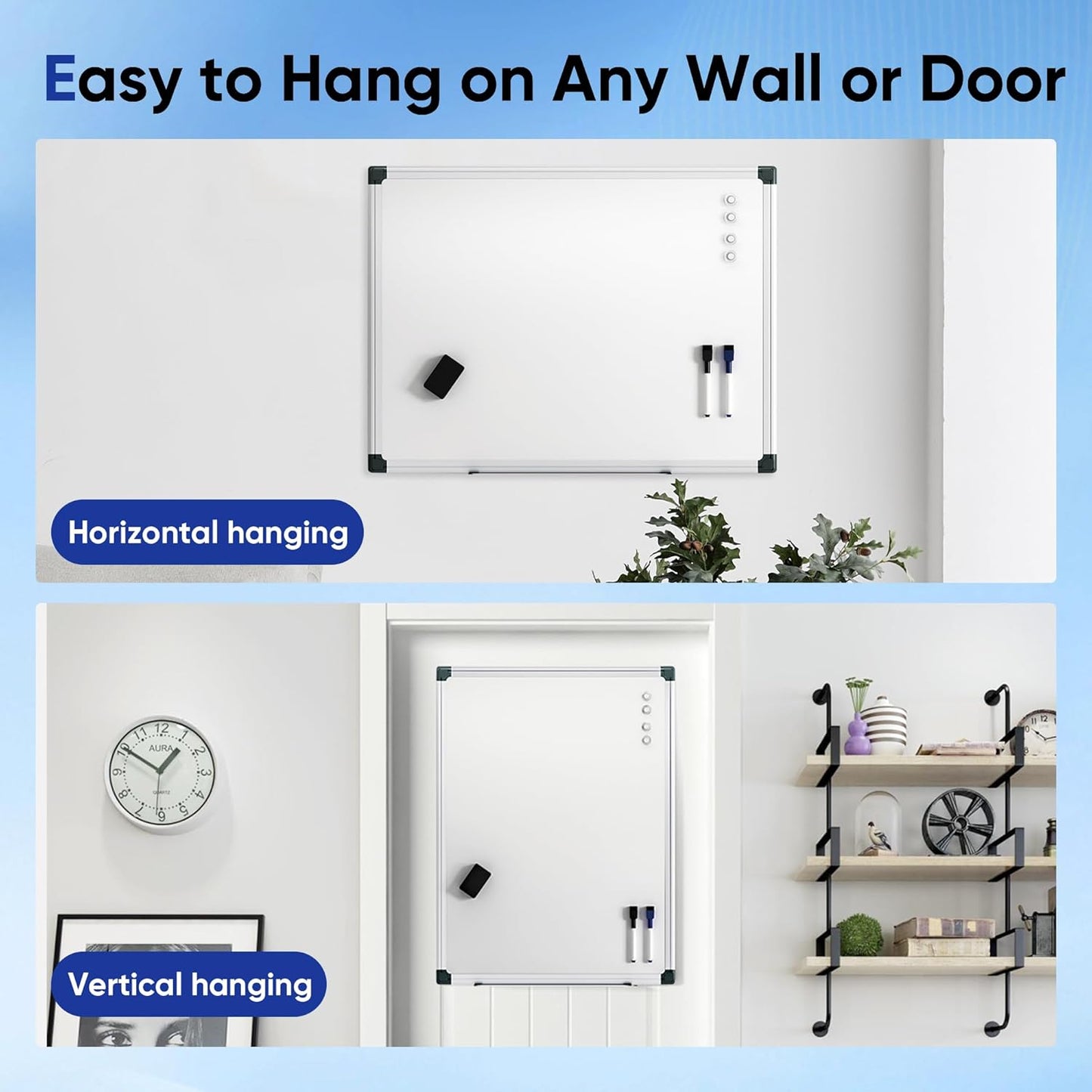 Magnetic White Board, 24 × 18 inches, Dry Erase Board for Wall, Silver Aluminium Frame, Hanging Whiteboard for Kids, Students, Office, Kitchen- Includes Markers, Magnets & Eraser