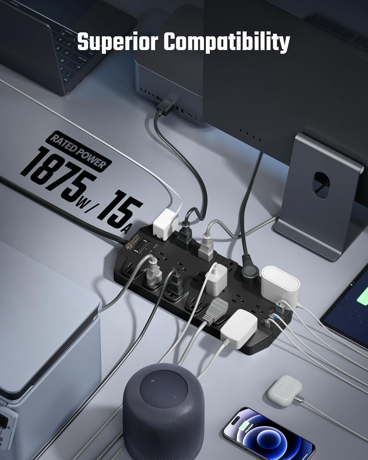 Power Strips with Surge Protection 10 FT, SUPERDANNY 18 AC Outlets and 4 USB Ports, Flat Plug Heavy Duty Extension Cord, 1875W/15A, 2100 Joules for Home, Office, Dorm, Black