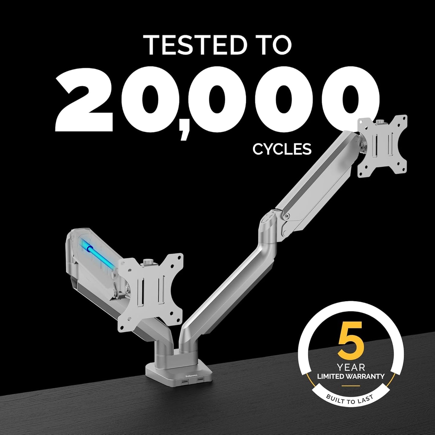 Fellowes Platinum Series Dual Monitor Arm for 40-Inch Monitors, Full Motion, 360° Rotation, VESA Mount with Grommet or Clamp, USB Ports, Ergonomic, Silver, 8056501