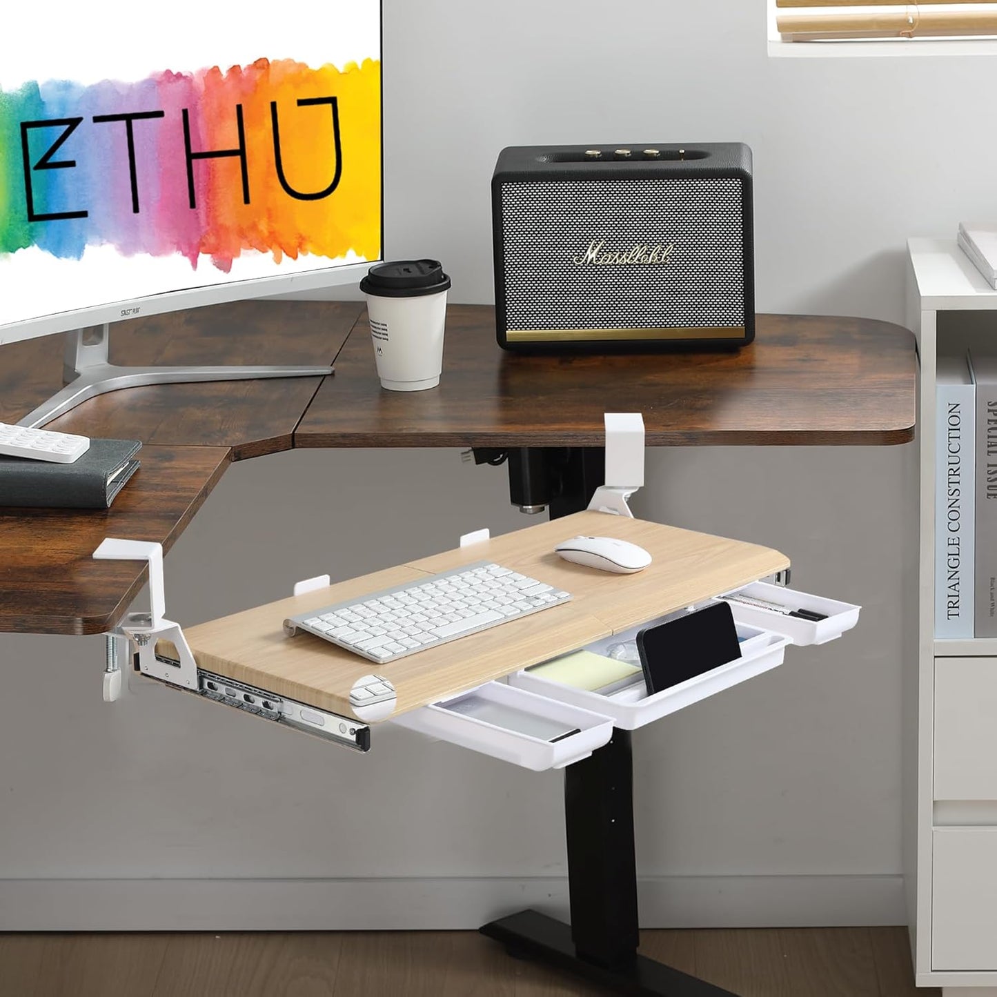 ETHU Keyboard Tray Under Desk, Ergonomic Corner Keyboard Tray with 180° Adjustable C Clamp for L Shape Desk 26.77" X 12.2" Easy to Install, Computer Keyboard Stand for Home and Office(Oak)