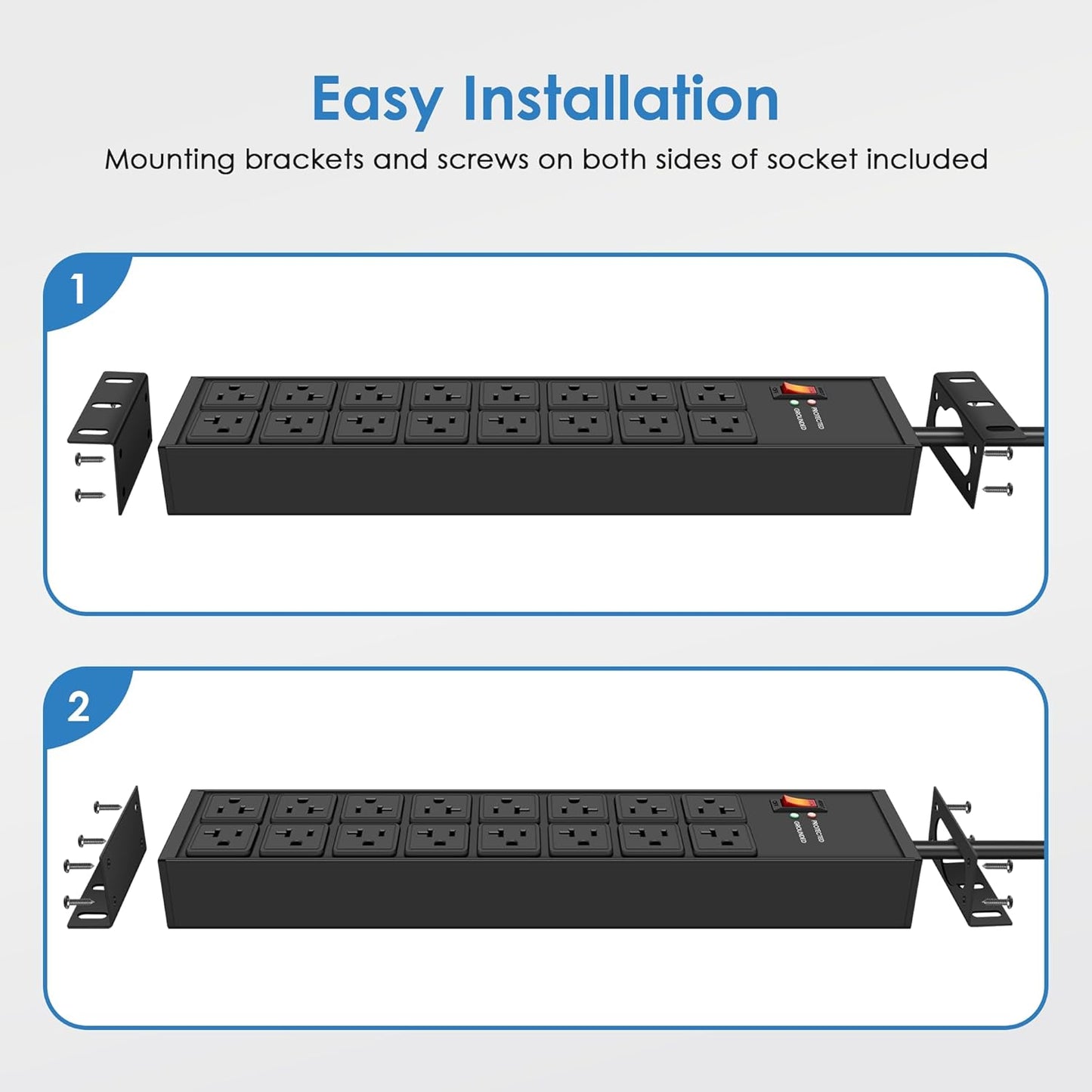 JUNNUJ Heavy Duty 20 Amp Power Strip 4800J, 16 Outlets 12 Gauge Garage Industrial Surge Protector, High Amp 5-15P Adapter Shop 6-20R T-Slot Metal Outlet, 4 FT Extension Cord Commercial for Appliance