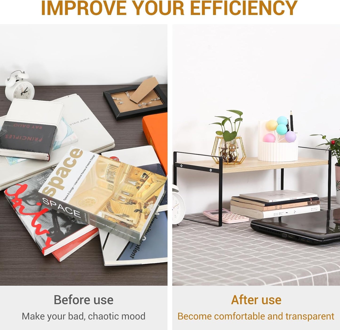 YGYQZ Wood Office Desk Shelf Organizer - Desktop Supplies Cute Dresser Top Organization Storage Rack and Cubicle Decor Aesthetic Bookshelf for Women Man and Kids (Black Wood-Single Tier)