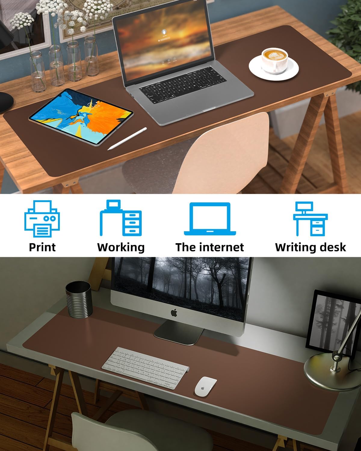 Extra Large Desk mat, Leather Desk Pad Protector,Office Desk Mat,Mouse Pad, Non-Slip Desk Blotter, Laptop Desk Pad, Waterproof Desk Writing Pad for Office&Home (Brown, 55" x 17")