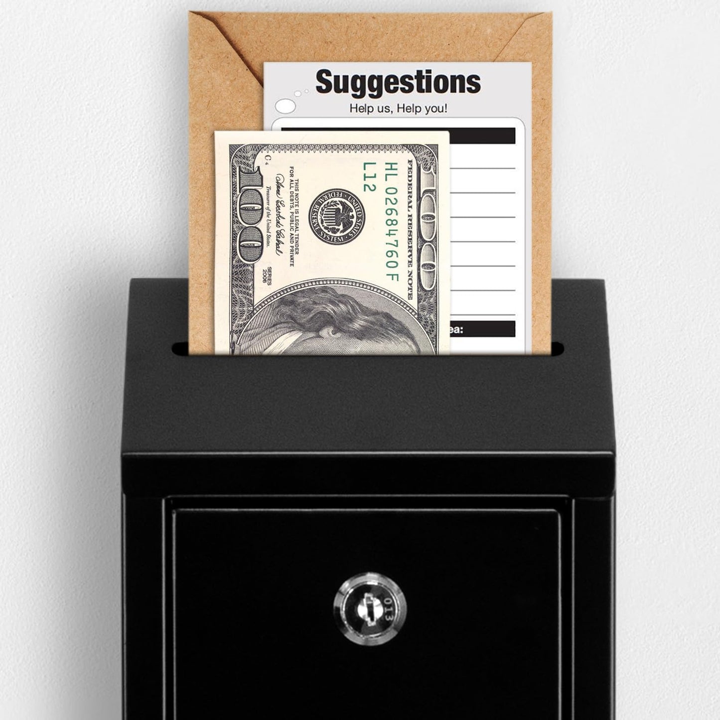 Metal Donation Box with Lock, Wall Mounted, Suggestion Box with 4 Iron Keys, Black, Cash Drop Box with Slot, 1-Pack