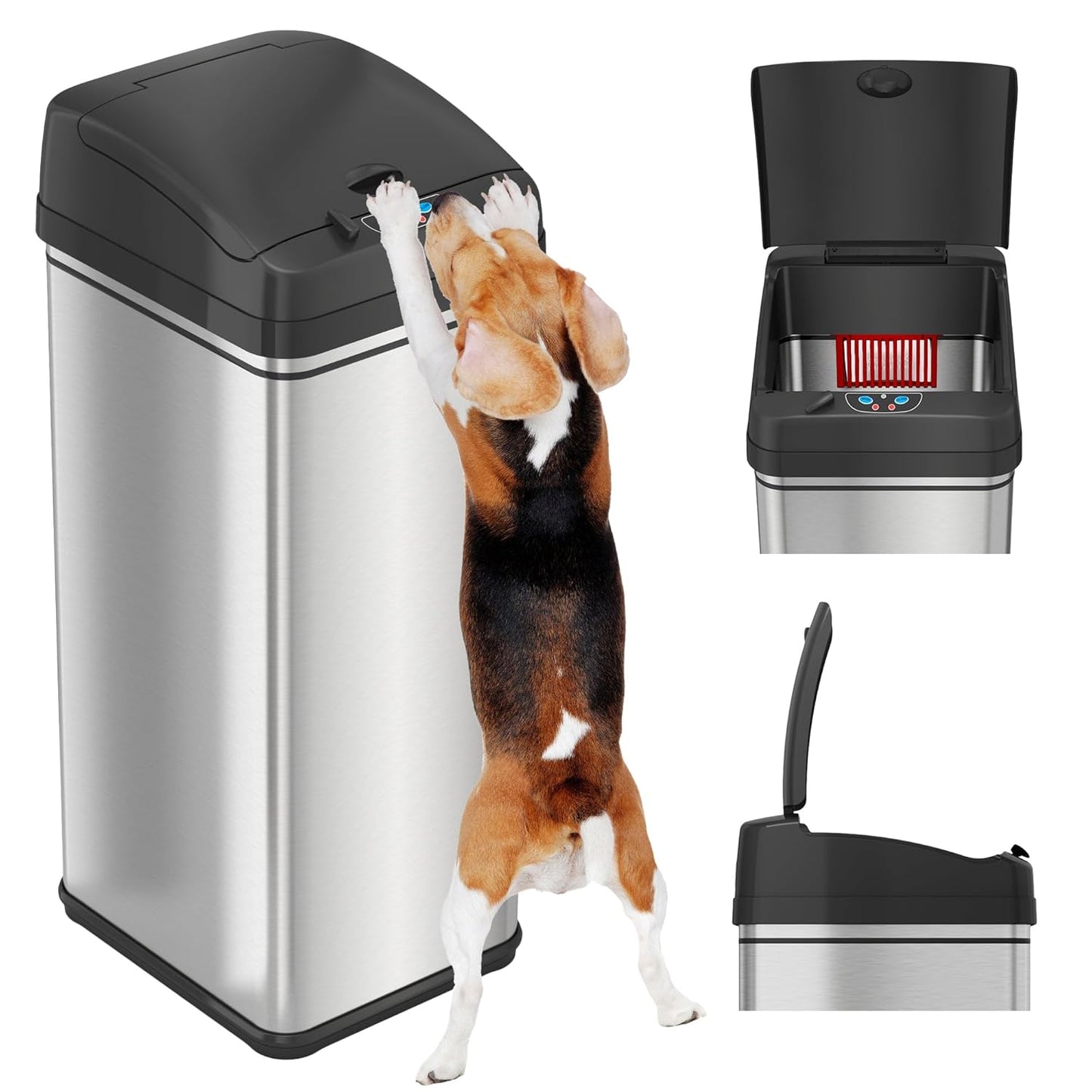 iTouchless 13 Gallon Sensor Trash Can 2.0 – Touchless Lid, Dog-Proof Lock, Odor Filter, Stainless Steel, Battery or Plug-in, for Kitchen, Home, or Office