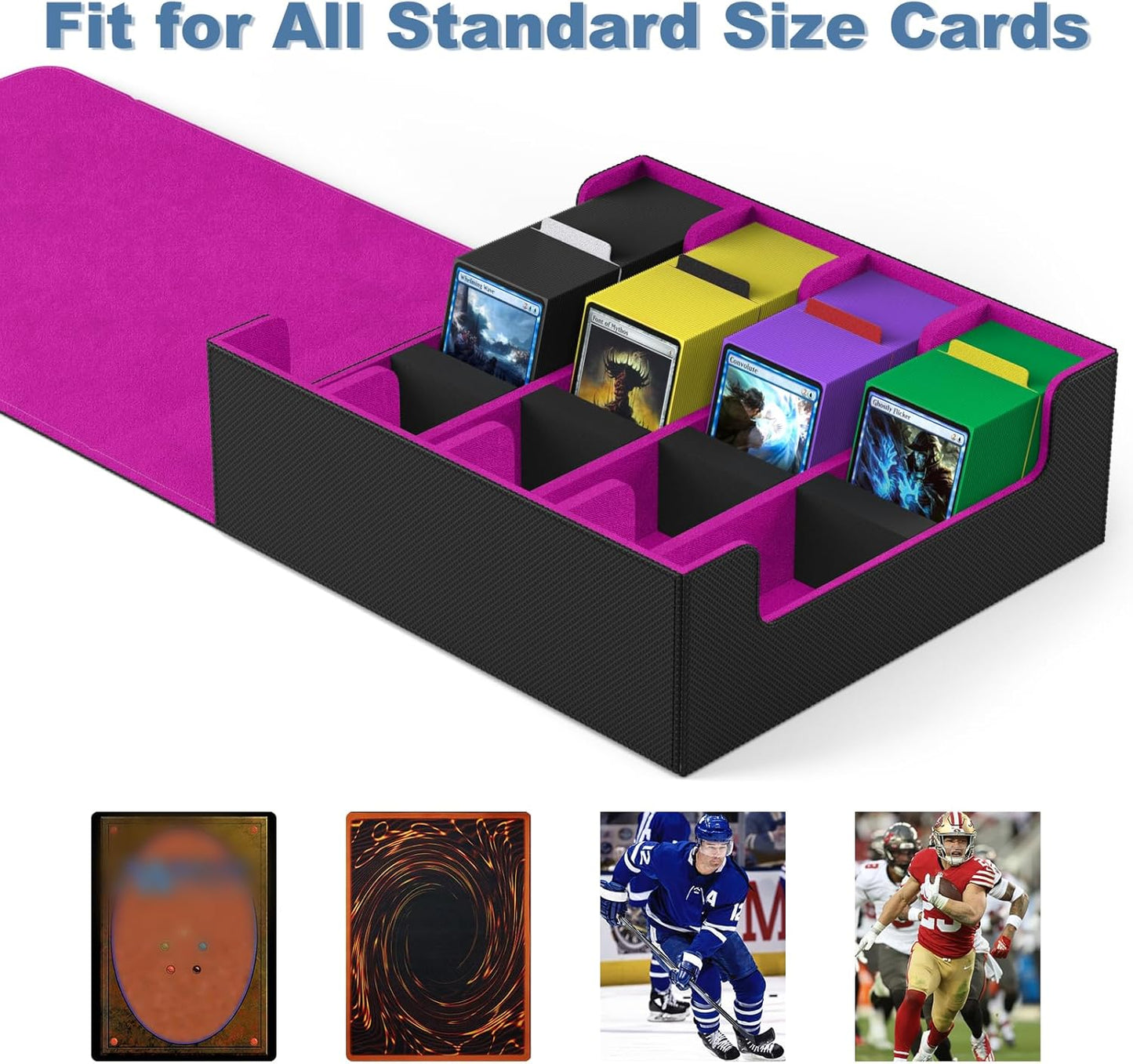 Mlikero Card Deck Case, 2400+ Trading Card Storage Box with 10 Colorful Dividers and 4 Foam Stoppers, Leather Magnetic Closure Commander Deck Box Fit for MTG, TCG (4 Rows, Black&Purple)