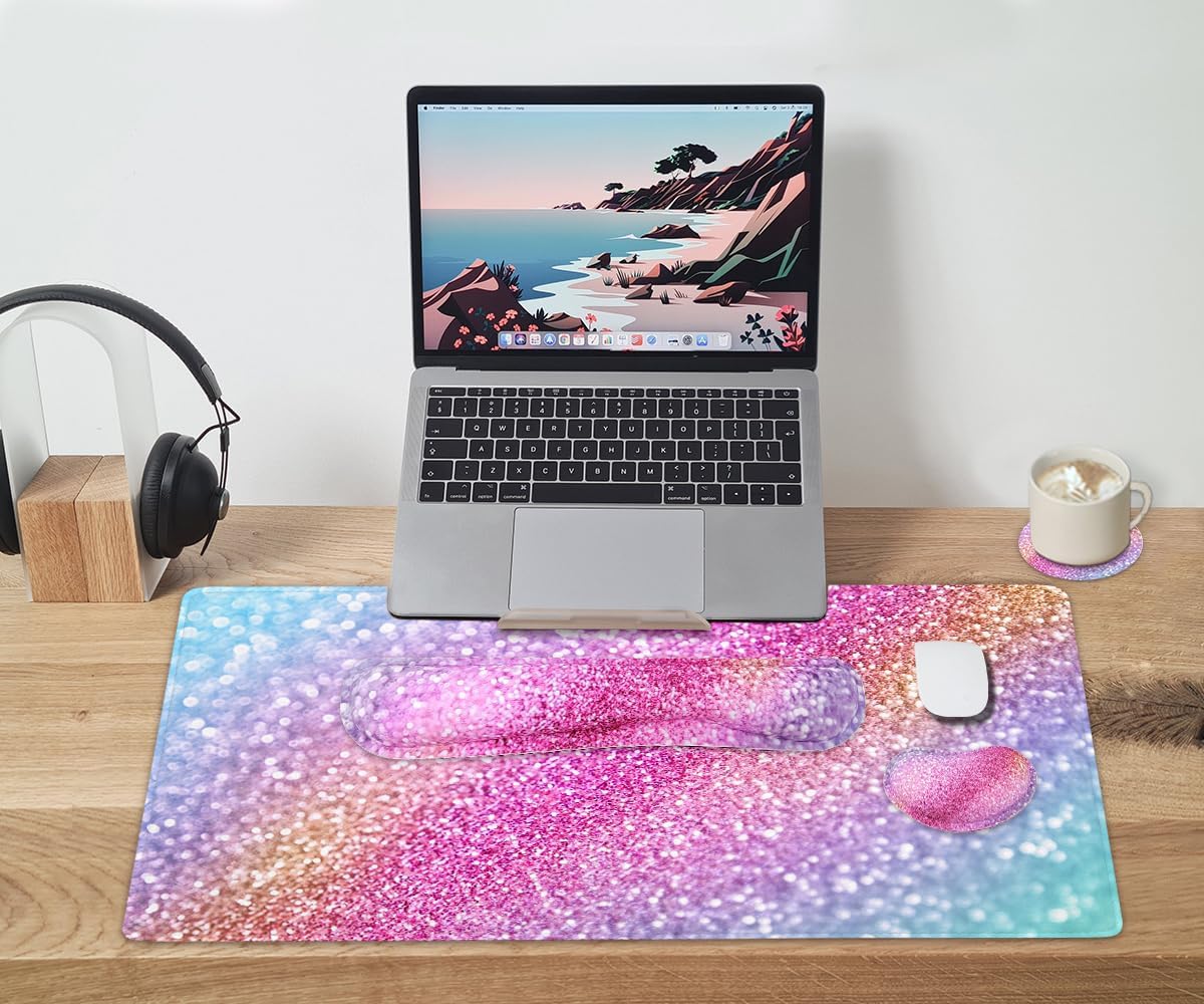 Large Keyboard Mouse Pad Set, Extended Mouse Pad+Keyboard Wrist Rest Support, Memory Foam Ergonomic Easy Typing, 4Pcs (35.4×15.9 in) Desk Pad Set for Home Office Study Game - Colorful