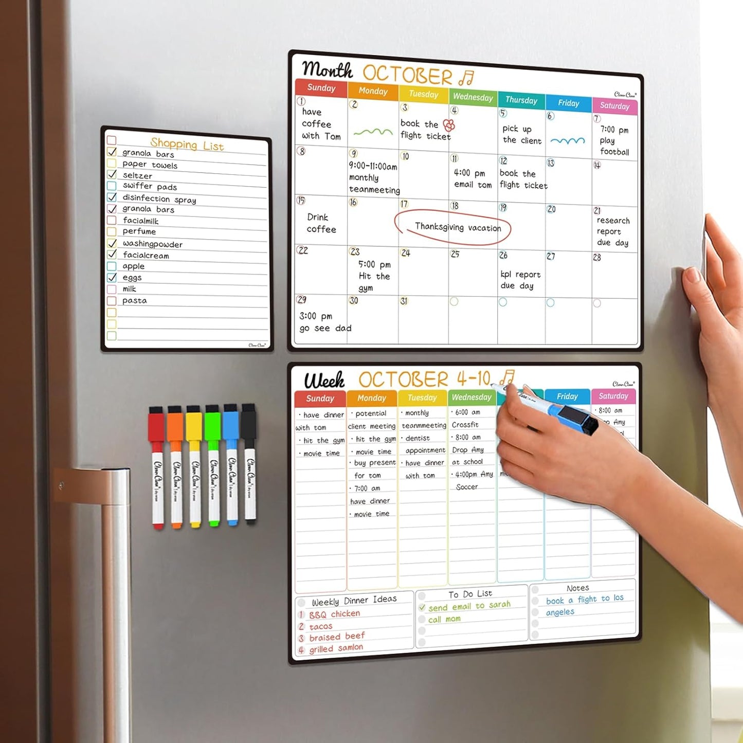 Magnetic Dry Erase Monthly Calendar Set - 14.5"x11" Monthly and Weekly Calendar, 6.5"x8.5" List Board for Fridge - 6 Extra Fine Point Markers Included - Shipped Flat