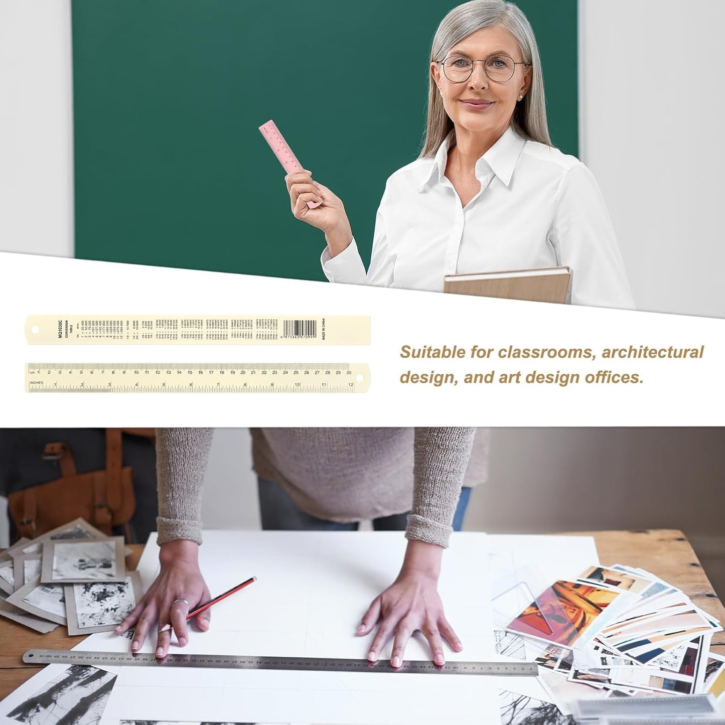 HARFINGTON 2pcs Metal Straight Ruler 30cm Metric SAE Aluminum Alloy Measuring Rulers Scale Tool with Hole for Measure Study Reading Classroom Office, White