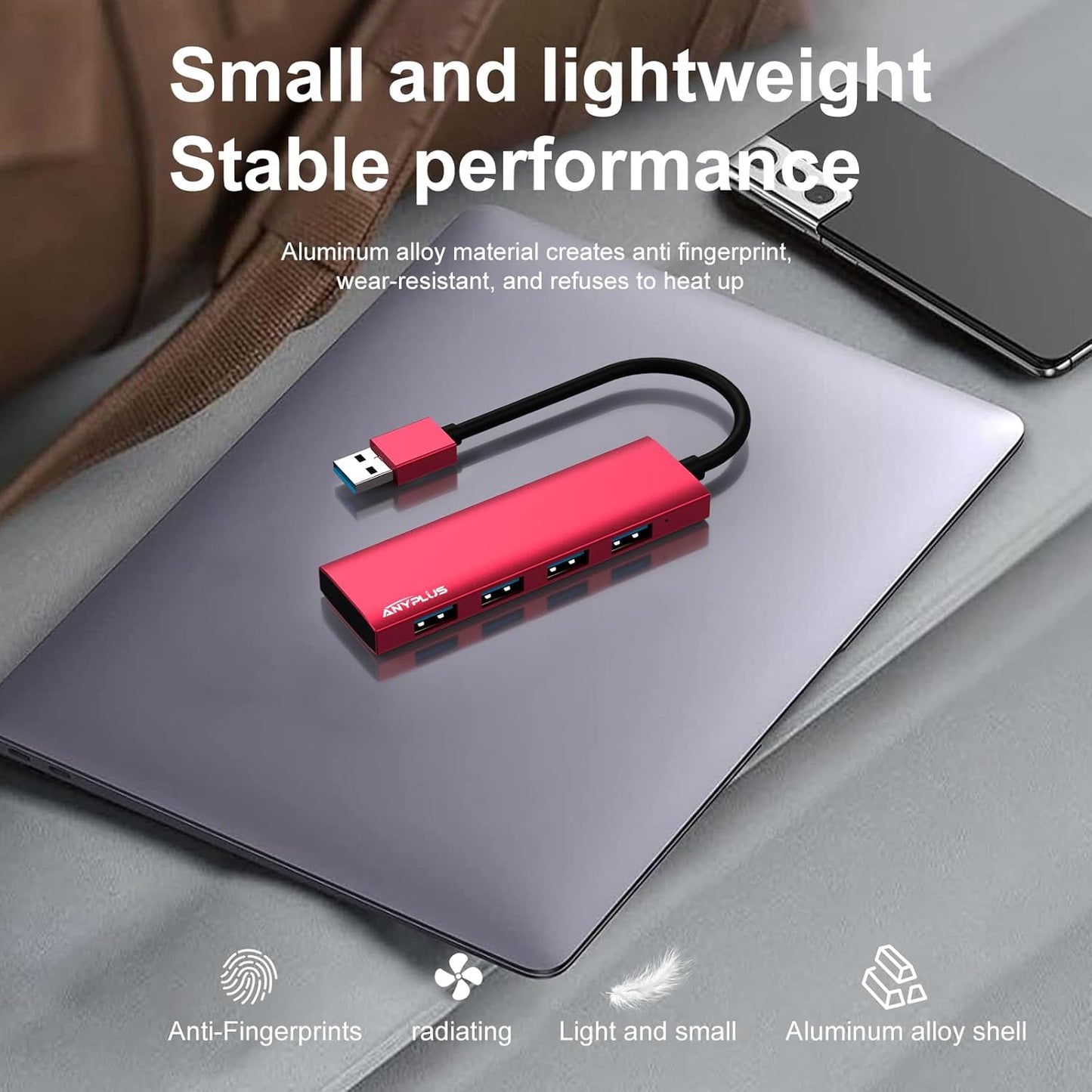 USB Hub, USB 3.0 Hub Aluminum Alloy Ultra Slim USB Splitter, Portable 4 Port USB Extender, USB Hub for Laptop, PC, MacBook, iMac, Surface Pro, Mac Pro, Flash Drive, XPS 【Red】