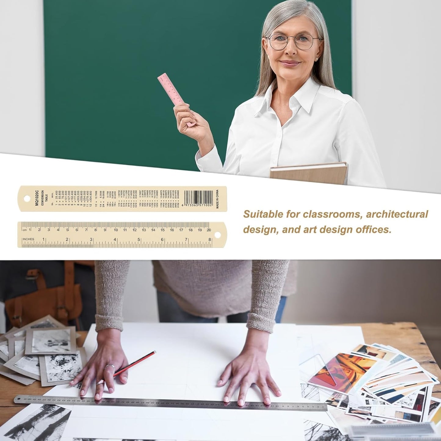 HARFINGTON 4pcs Metal Straight Ruler 20cm Metric SAE Aluminum Alloy Measuring Rulers Scale Tool with Hole for Measure Study Reading Classroom Office, Beige