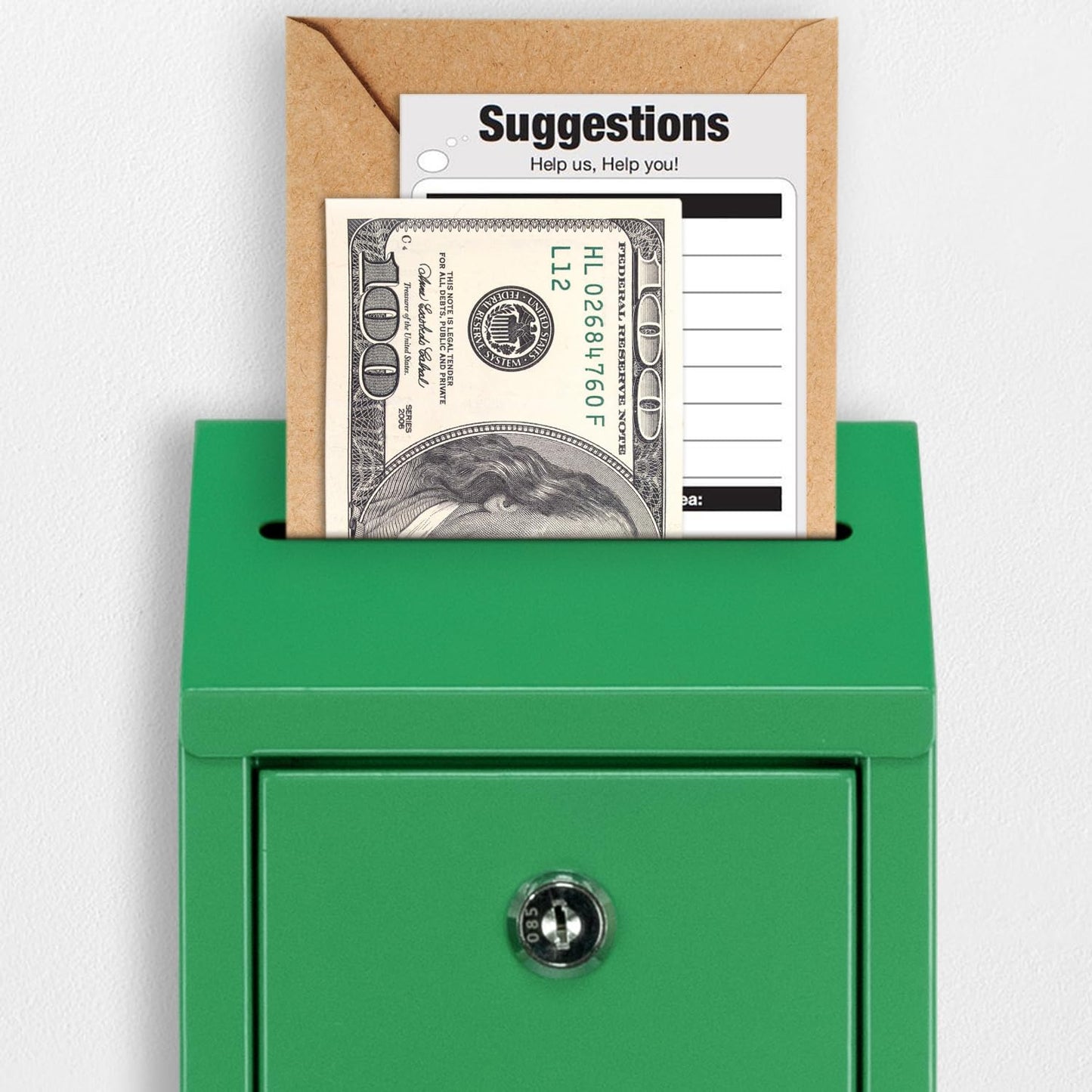 Metal Donation Box with Lock, Wall Mounted, Suggestion Box with 4 Iron Keys, Green, Cash Drop Box with Slot, 1-Pack