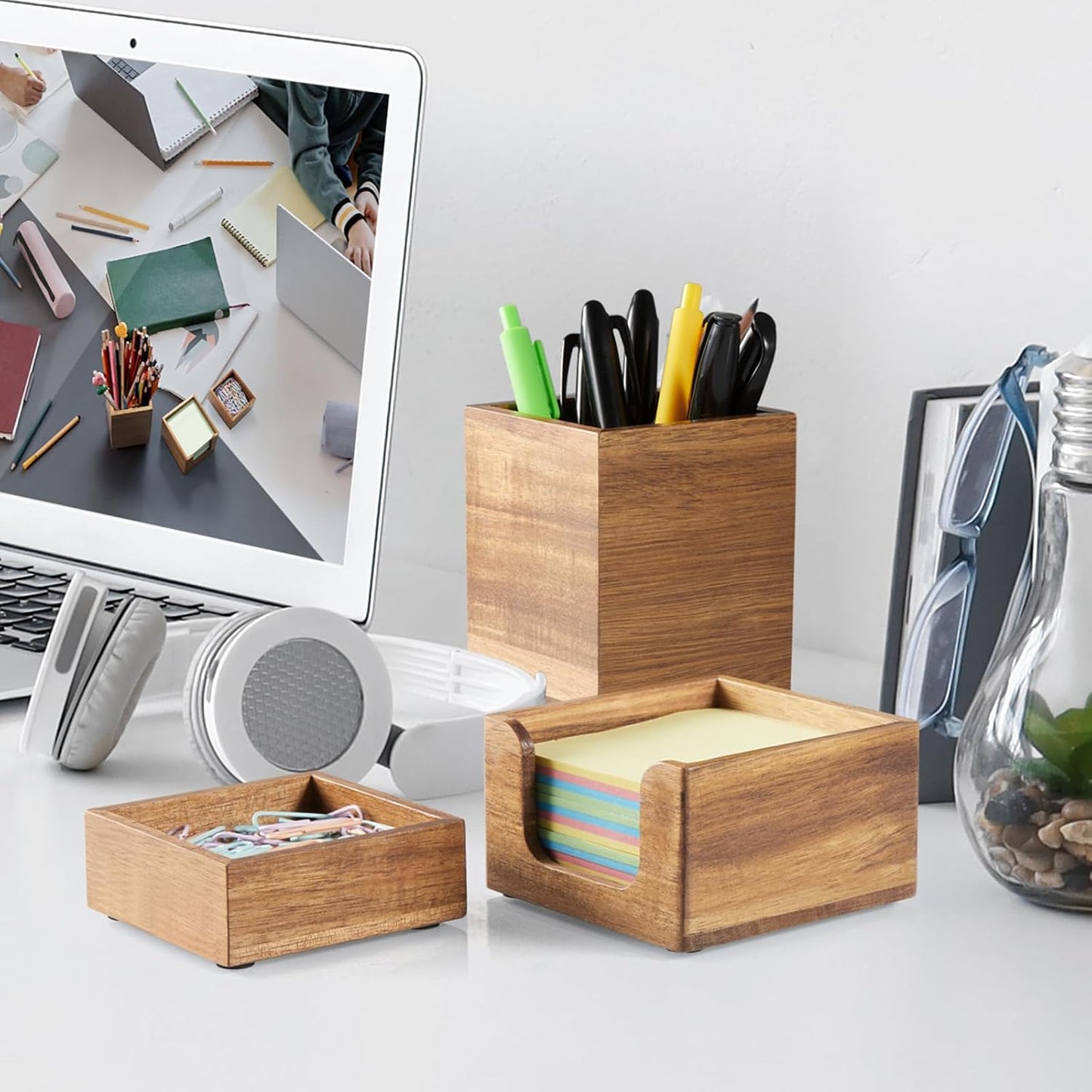 Desk Organizer Set of 3 - Acacia Wood Office Desk Accessories - Desk Organizers and Accessories for Women Men - Set incl. Pencil Pen Holder, Paperclip Storage and Sticky Note Holder