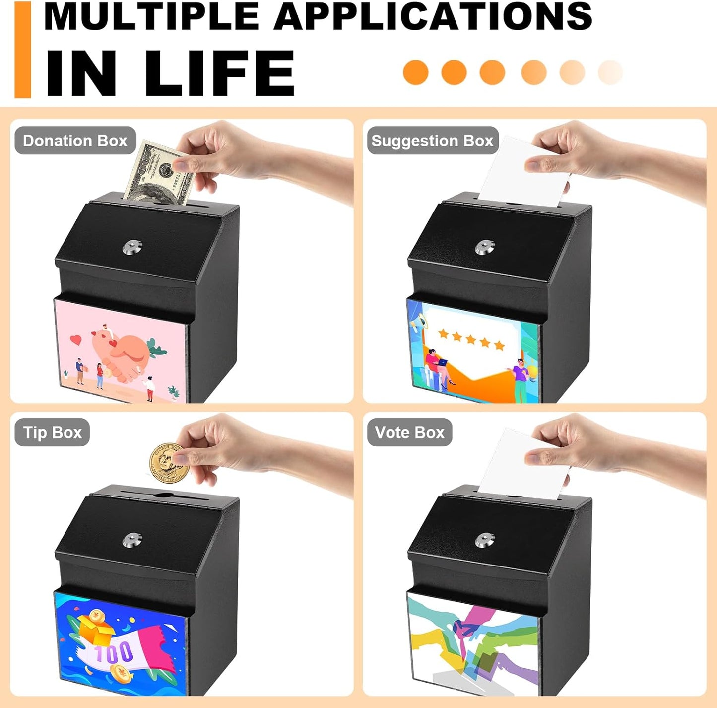 Suggestion Box with Slot and Lock 2 Pcs Metal 8.4 x 5.8 x 7.0 in Built-In Storage Compartment with Magnetic Sign Holder 100 Suggestion Card Tip Jar Ballot Voting Prayer Comment Mailbox