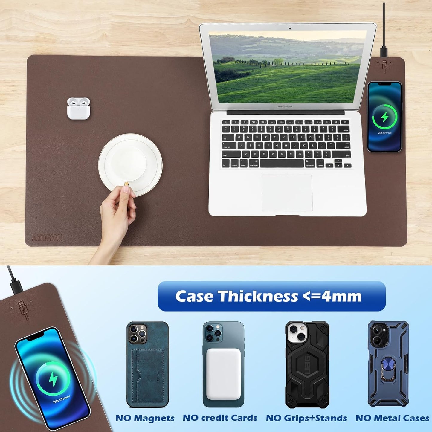 Wireless Charging Desk Mat with Desk Pad for Desktop Charging Large Mouse Pad Waterproof Leather Computer Mat Mouse Pad Non-Slip Protector on Top of Desks for Keyboard and Mouse (brown-r, 36*17inch)