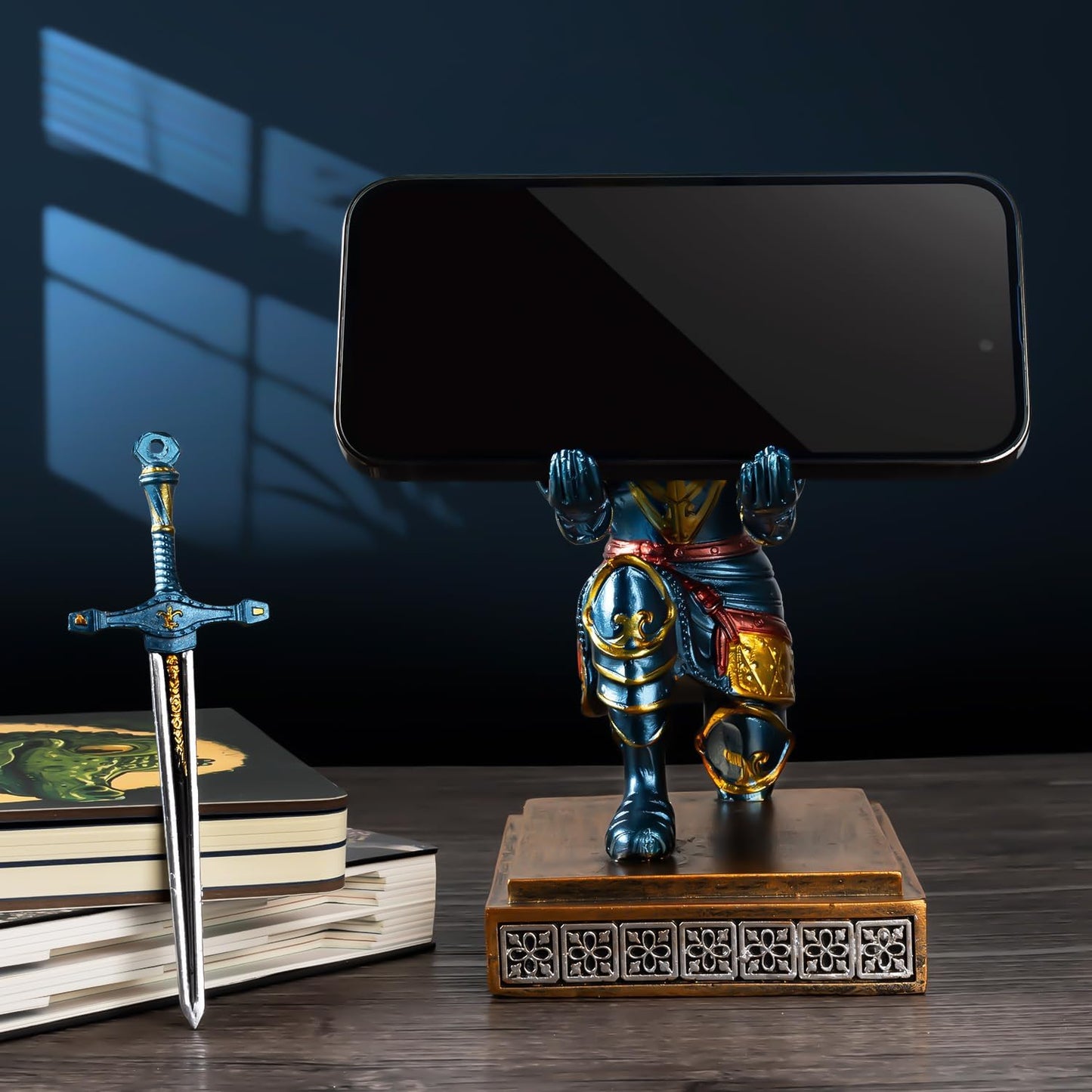 MACLARONX Kneeling Knight Pen Holder with Sword Medieval Warrior Fancy Pencil Stand for Office Desk Home Decor for Men Father Husband Armor Soldier Statue