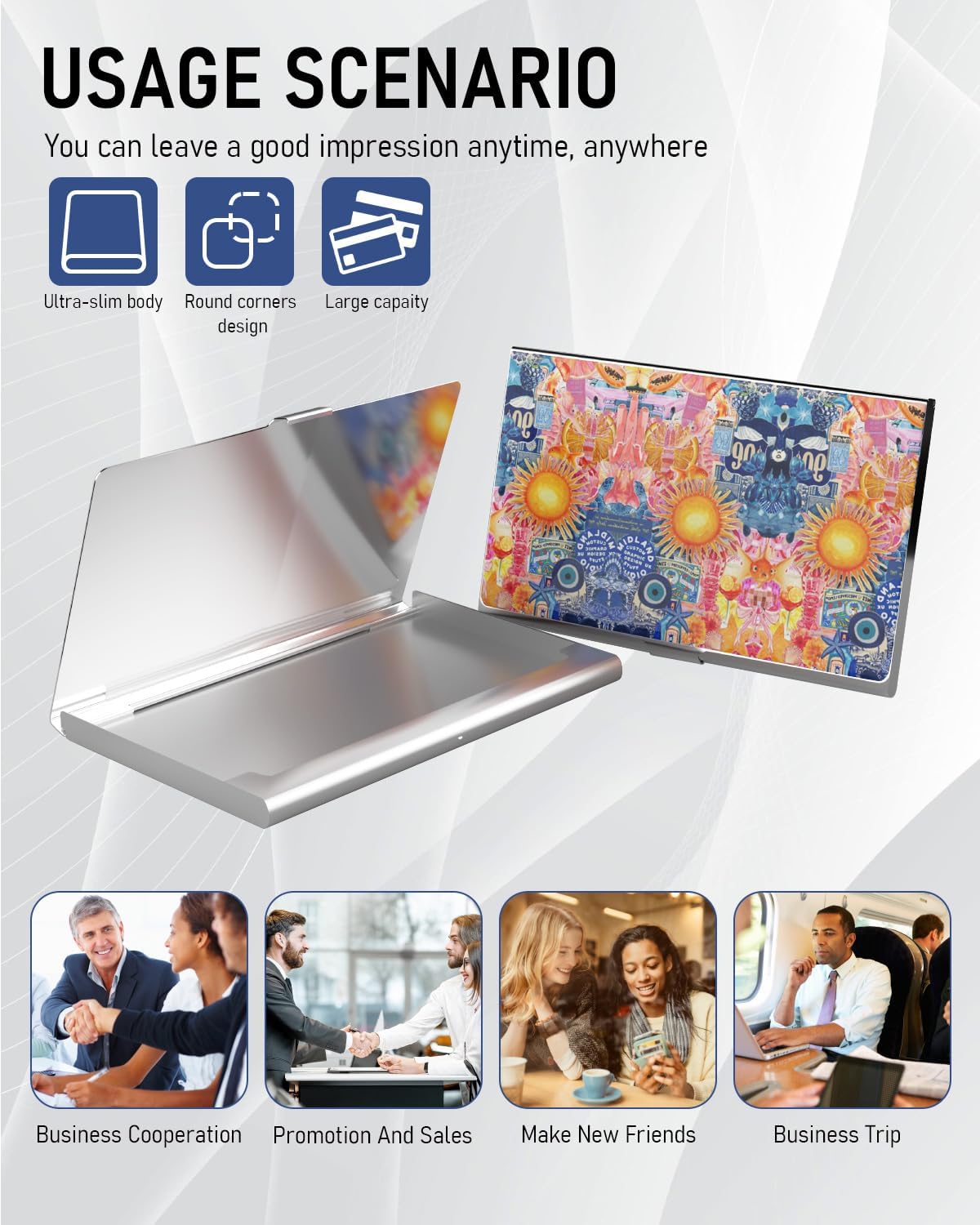 Business Card Metal Slim Organizer, Professional Stainless Steel Square Pocket Wallet for Office Workers, Compact and Portable for Pockets (Sun)