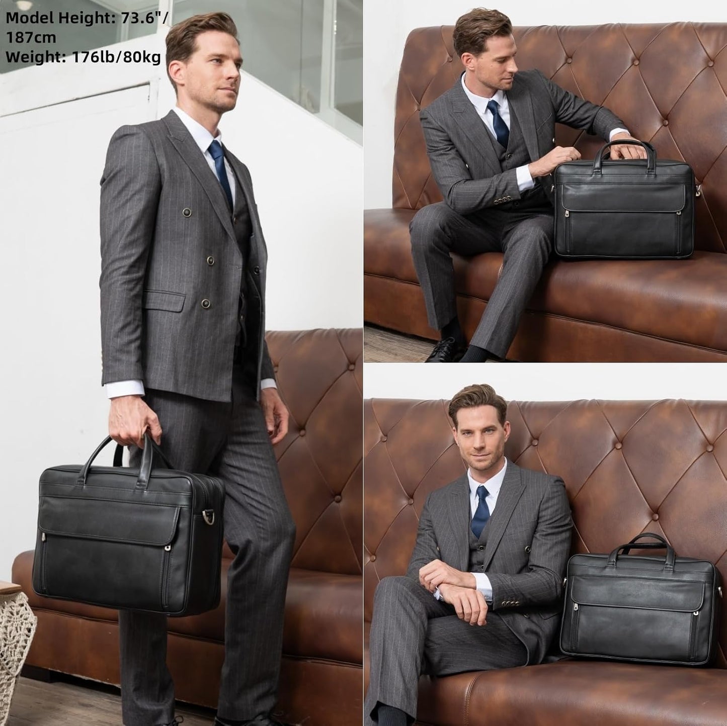 Masa Kawa Leather Briefcase for Men 15.6", 17" Laptop Computer Case Business Travel Work Messenger Cross Body Shoulder Bag