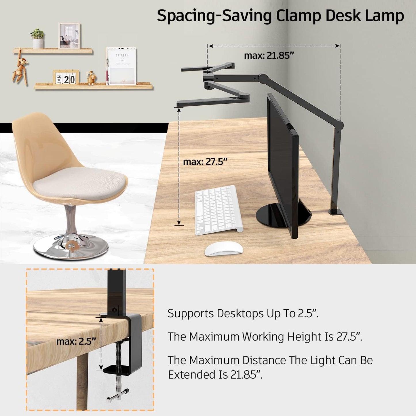 Transformable LED Desk Lamp, 41.5" Large Architect Desk Lamp with Clamp, 3 Light Bars Desk Light for Home Office, 24W Auto Dimming Office Lighting Table Light for L Shaped Desk