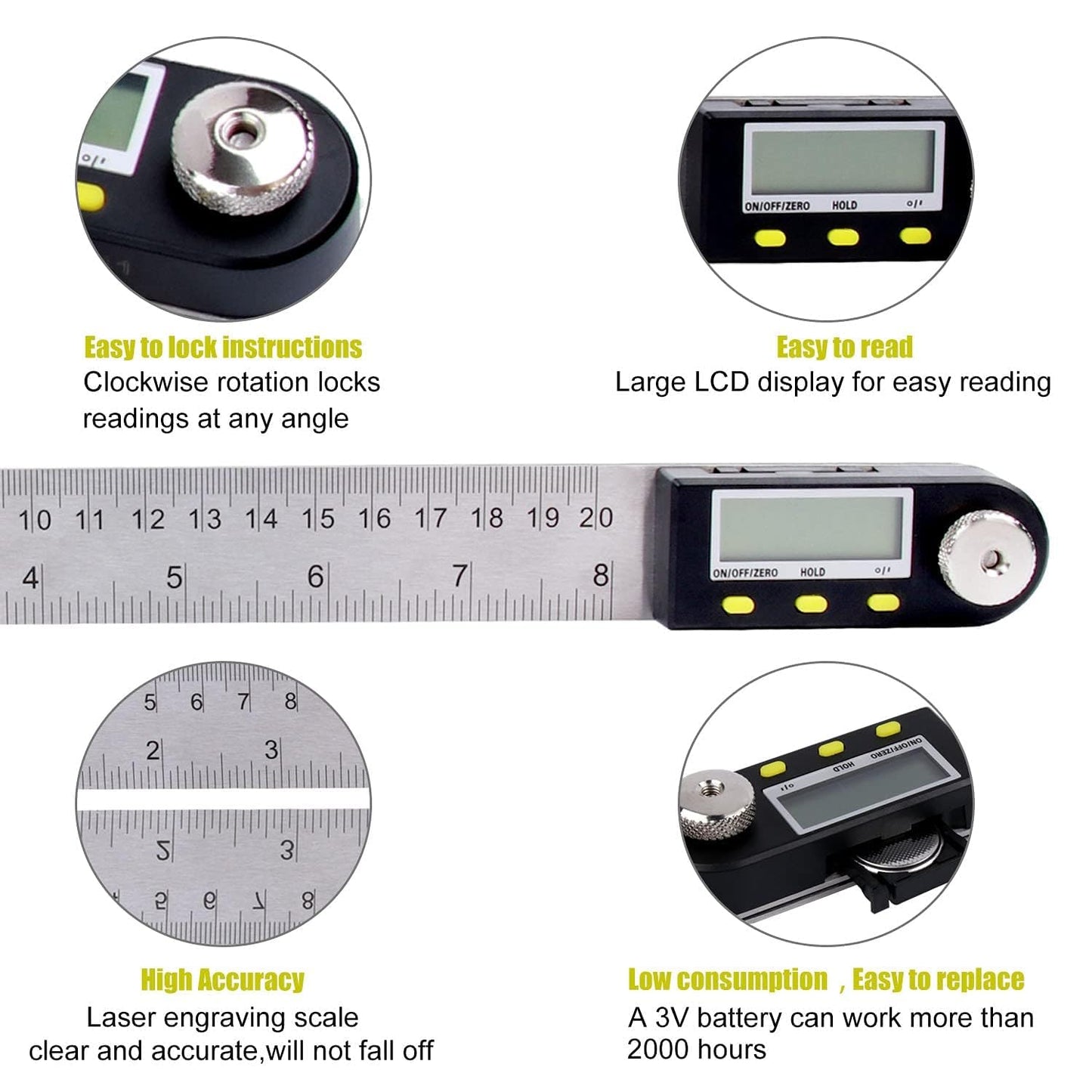 Delgada 8 inch/200mm Digital Angle Finder Ruler - Stainless Steel Protractor for Woodworking and Construction - Battery Included