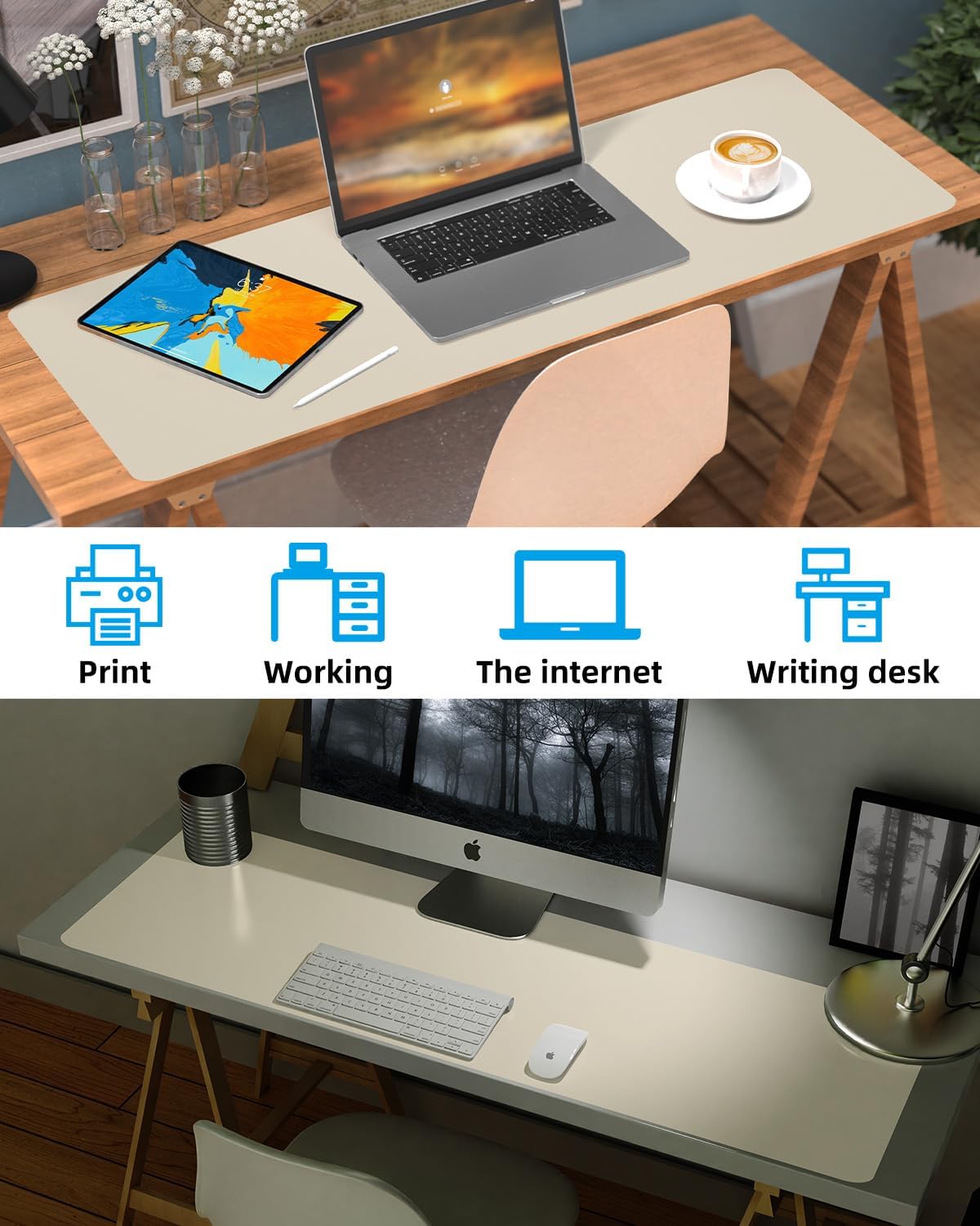 Leather Desk Pad Protector, Office Desk Mat, Large Mouse Pad, Non-Slip Desk Blotter, Laptop Desk Pad, Computer pad,Waterproof Desk Accessories for Office and Home(Beige, 48" x 17")