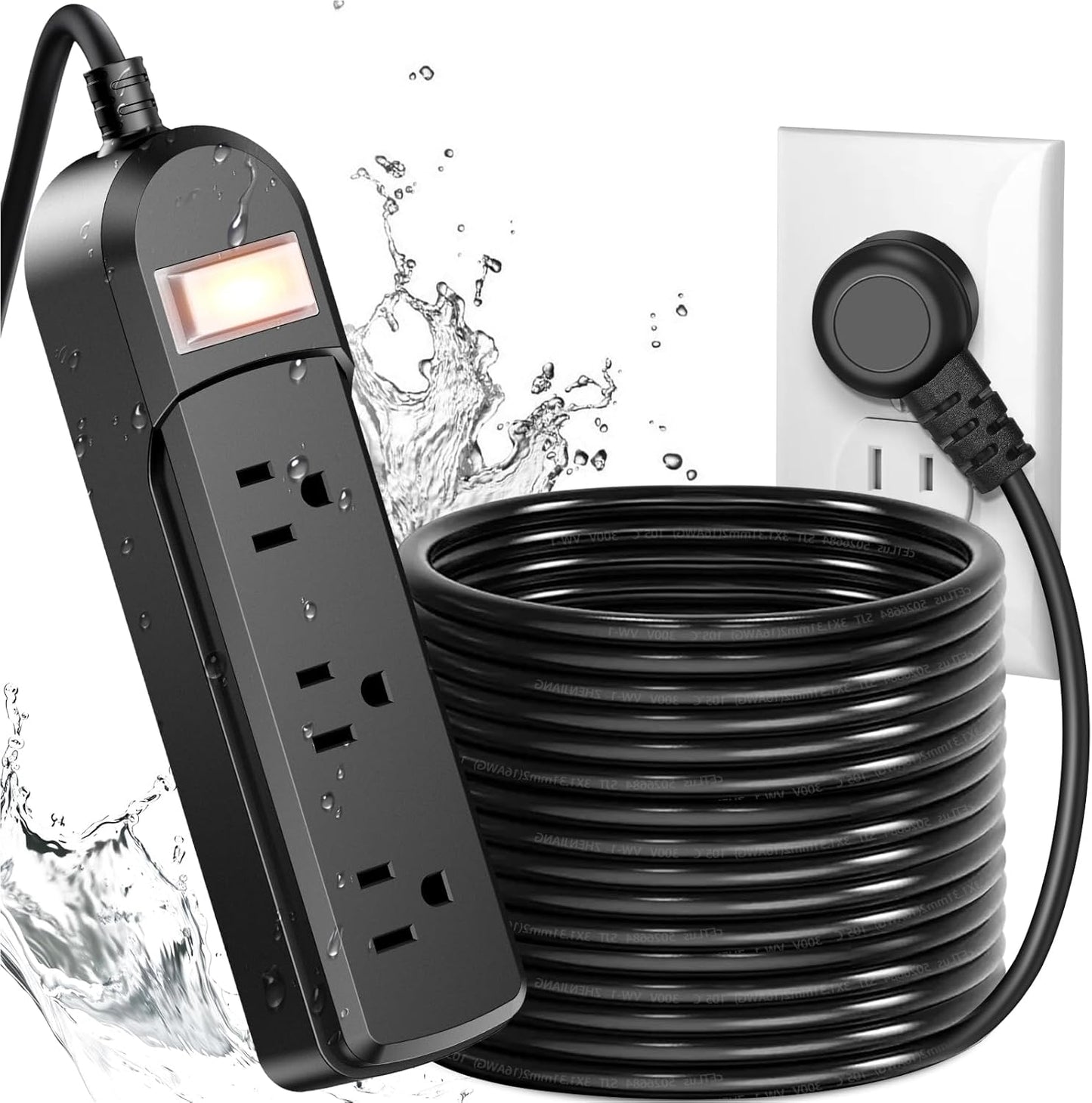 IPX6 Outdoor Power Strip Weatherproof, Waterproof Surge Protector with 3 Wide Outlet 25FT Long Extension Cord, Wall Mountable for Outside Decorations and More UL Listed(Black)