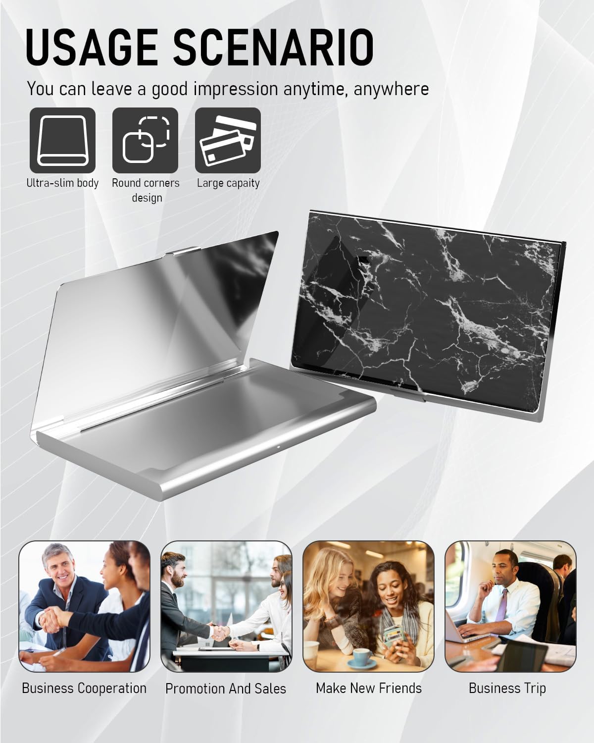 Business Card Metal Slim Organizer, Professional Stainless Steel Square Pocket Wallet for Office Workers, Compact and Portable for Pockets (Black Marble