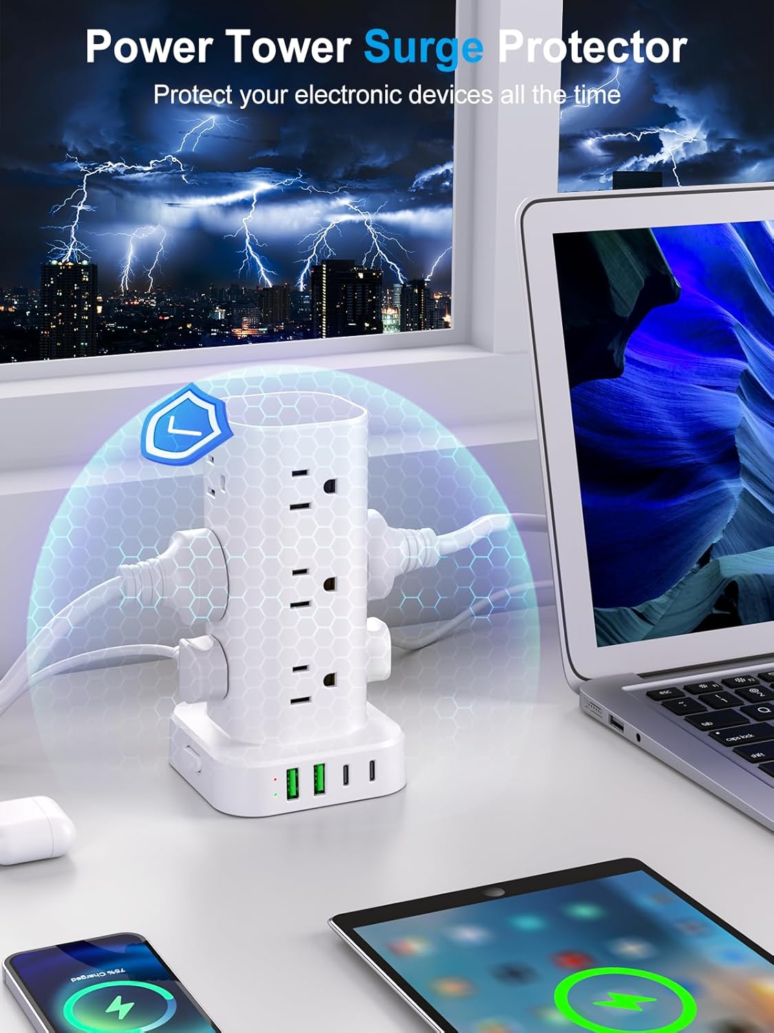 Power Strip Tower with Wireless Charger, Flat Plug Surge Protector Tower with 6FT Extension Cord, 12 AC Multiple Outlets, 4 USB (2 USB C),15W Wireless Charging Power Tower for Home Office Dorm, White