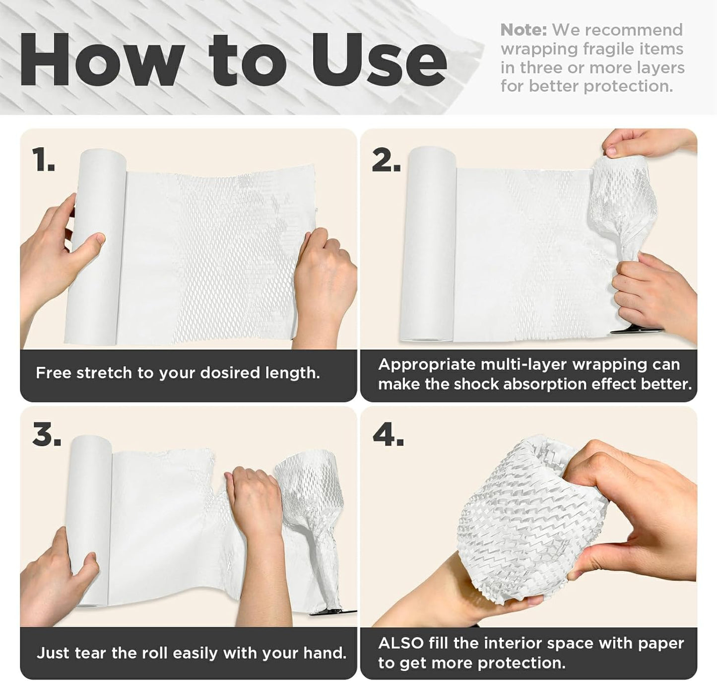 Honeycomb Packing Paper, 12"x50' White | Perforated Honeycomb Packing Paper Recyclable Moving Supplies for Shipping & Moving | Plastic-Free Alternative to Bubble Cushion Wrap with 36 Fragile Stickers