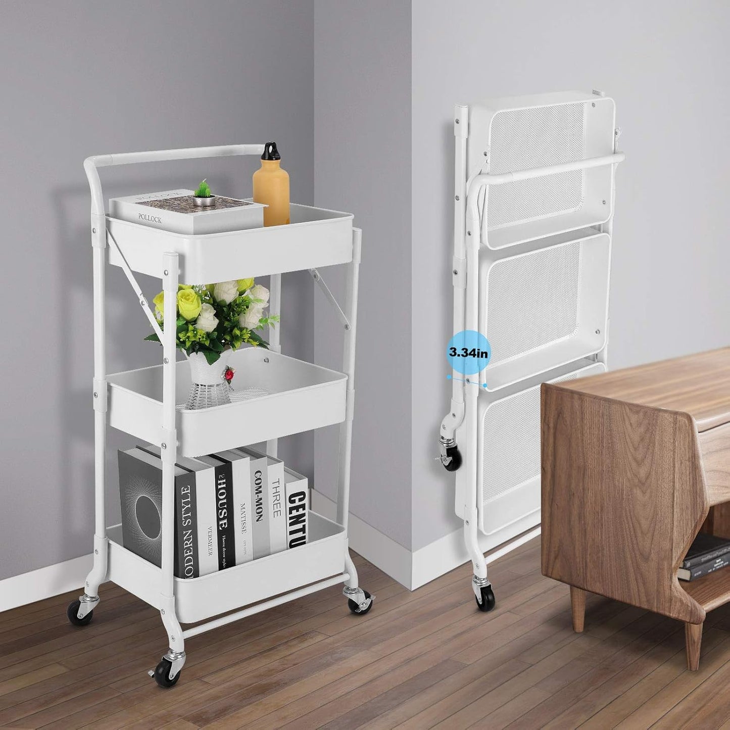 Foldable 3 Tier Metal Utility Rolling Cart, Folding Mobile Multi-Function Storage Trolley Organizer Cart for Home Library Office(White)