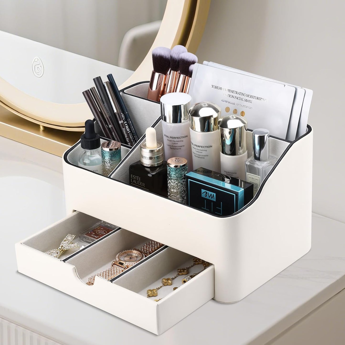 KINGFOM Desk Organizer with Drawer, Multifunction Pencil Holder for Desk, Desk Organizer and Accessories 5 Comparetments for Home Office Supplies (Ivory White)