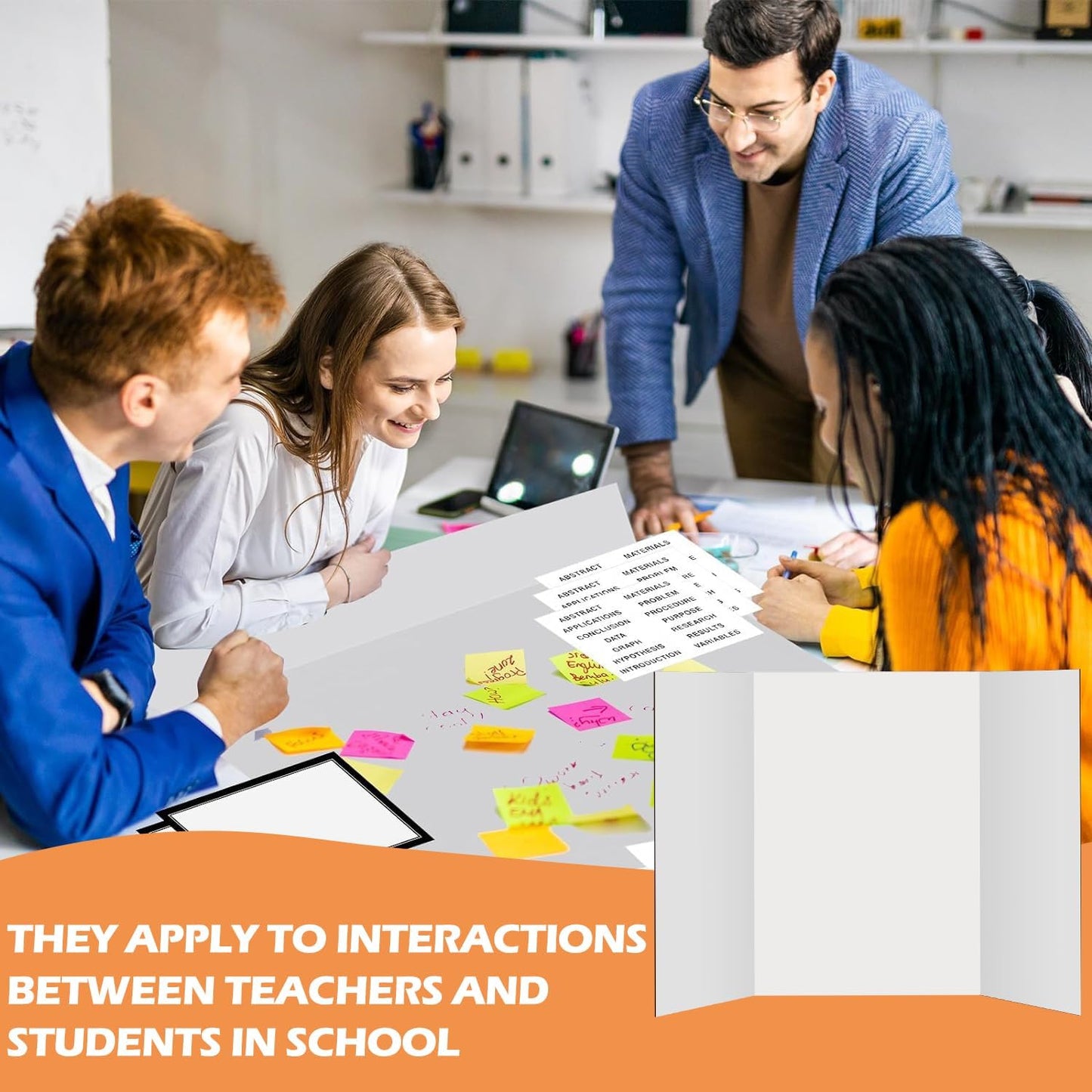 8 Pack 36"x48" Large Trifold Poster Display Board with Headers,White Foldable Presentation Paper Board with 8 Science Subtitles and 64 Self-Adhesive for School Science Business Project Display