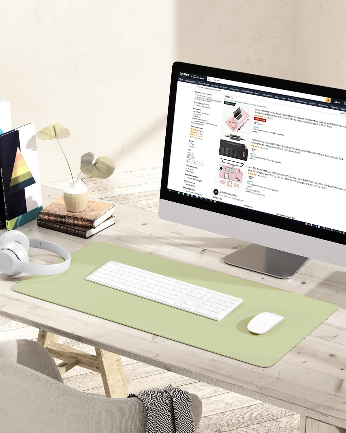 YSAGi Non-Slip Leather Desk Pad, Waterproof Laptop Computer Desk Keyboard Mat, Table Protector Blotter Mat, Large Mouse Pad for Office/Work/Home/Decor(Matcha Green, 31.5" x 15.7")