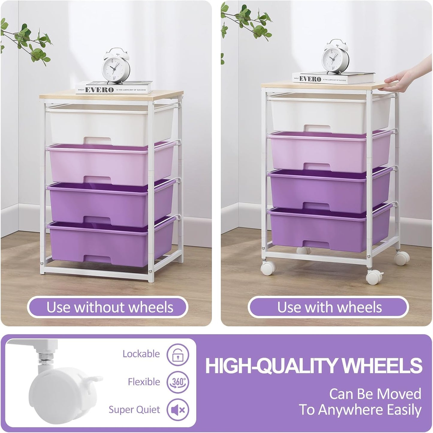 Utility Cart with 4 Drawers,Rolling Storage Cart with Drawers,Storage Rolling Drawer Cart with Wooden Tabletop for Bedroom,Kid's Room,Dorm,Classroom,Office, Purple