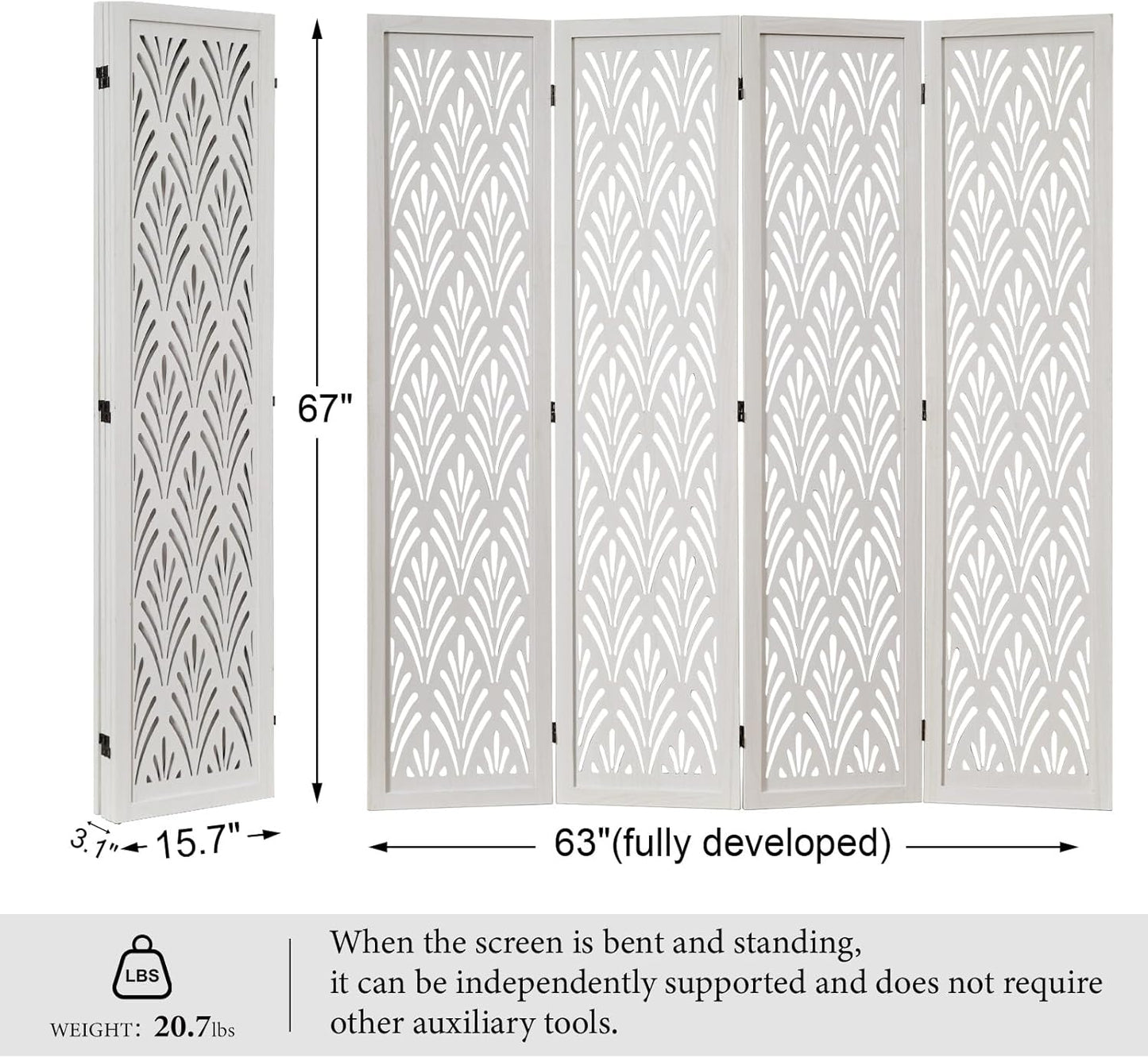5.6Ft Room Divider Folding Wood Simple Carved Partition Screen for Home Office Garden - 4 Panels (White)