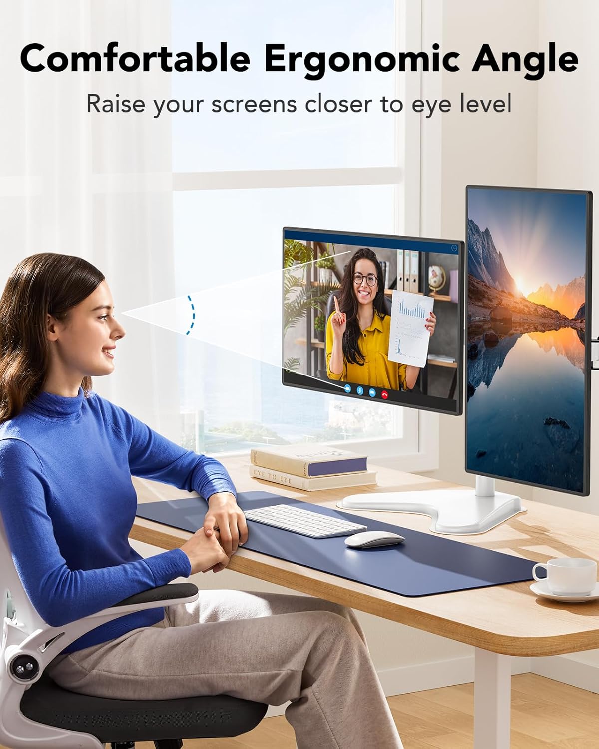 HUANUO 32 inches Dual Monitor Stand up to 17.6lbs, High-Grade Aluminum Free-Standing Dual Monitors Mount for 2 Screens. Fully Adjustable Dual Monitor Stand for Desk with Tilt, Swivel, Rotation, White