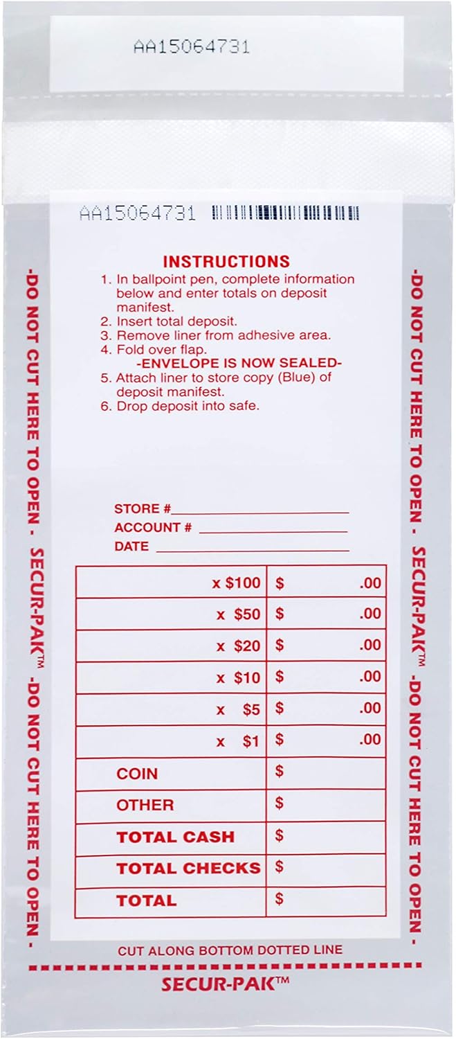 250PK Drop Safe Cash Deposit Bag, 4.5"x9" Transparent, Tamper Resistant Closure with Serialized Numbers