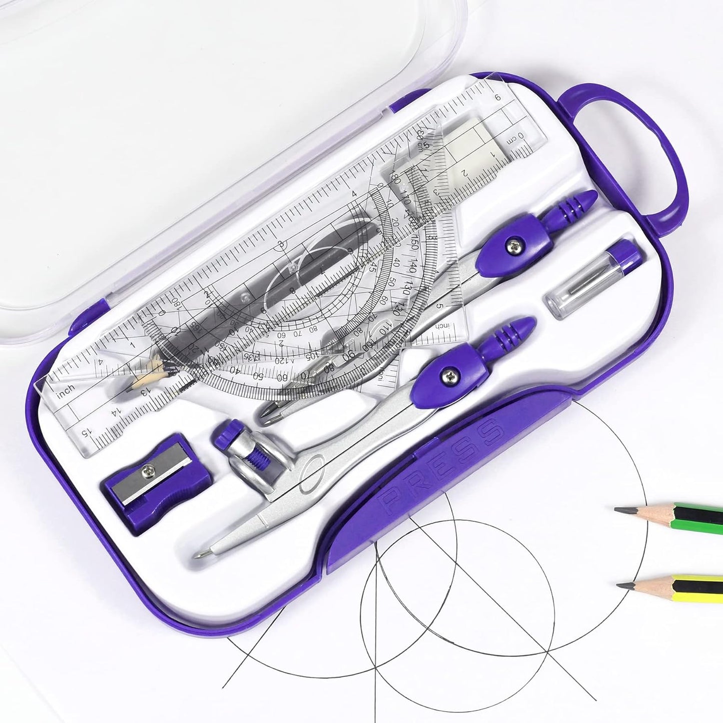 10 Pieces Math Geometry Kit Set Student Supplies with Shatterproof Storage Box,Includes Rulers,Protractor,Compass,Eraser,Pencil Sharpener,Lead Refills,Pencil,for School and Drawings(Purple)