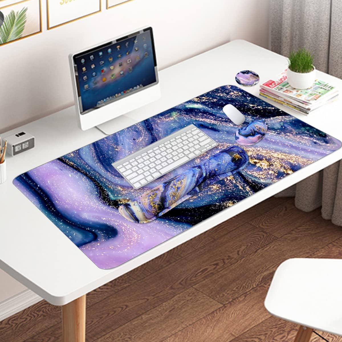 4-in-1 Large Gaming Mouse Pad, Keyboard Wrist Rest Pad & Wrist Support Mousepad Set, Extended Desk Pad Waterproof Desk Mat for Home Office Study Game - Purple Marble