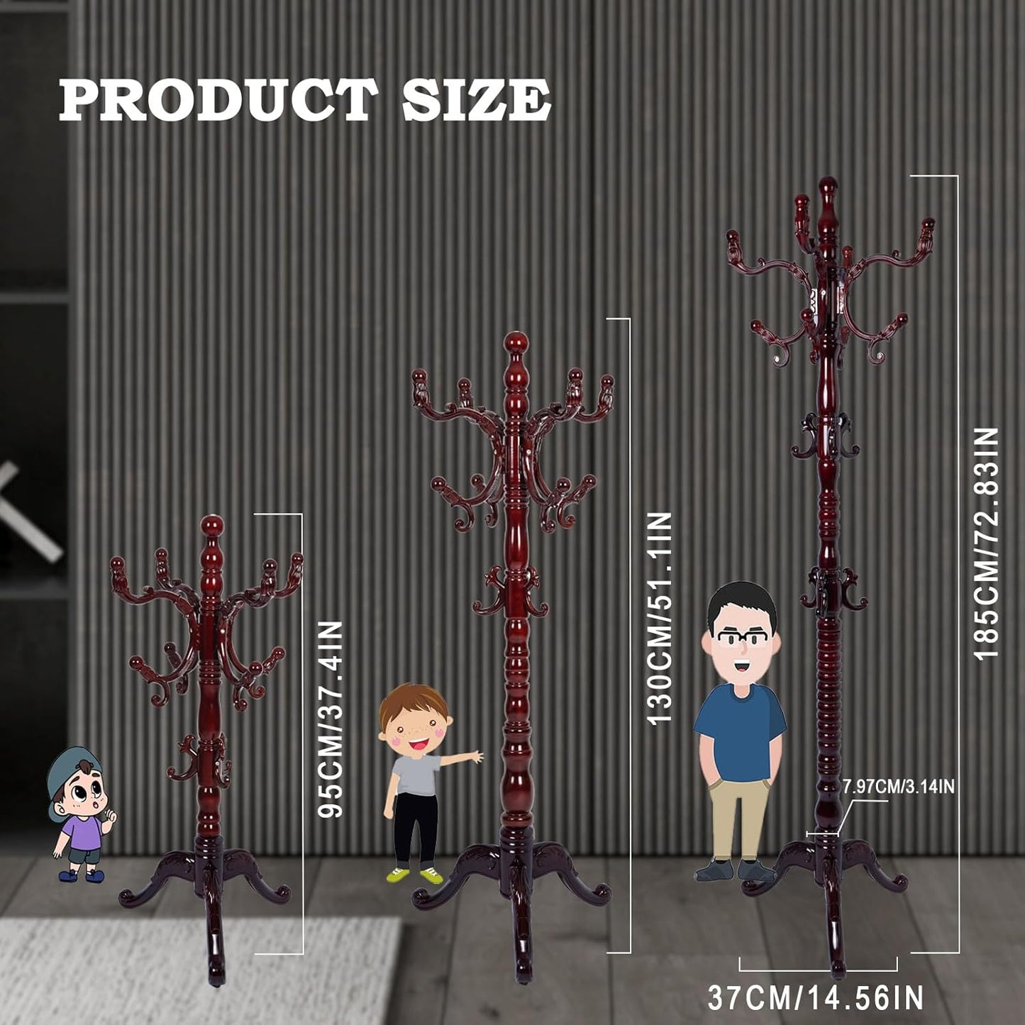 Coat Racks FreeStanding with 14 Hooks, Natural Wood Coat Rack with Solid Round Base, Adjustable Height Coat Racks, Easy Assembly for Hallway, Bedroom and Office (Reddish brown-Tri-Legged Base)