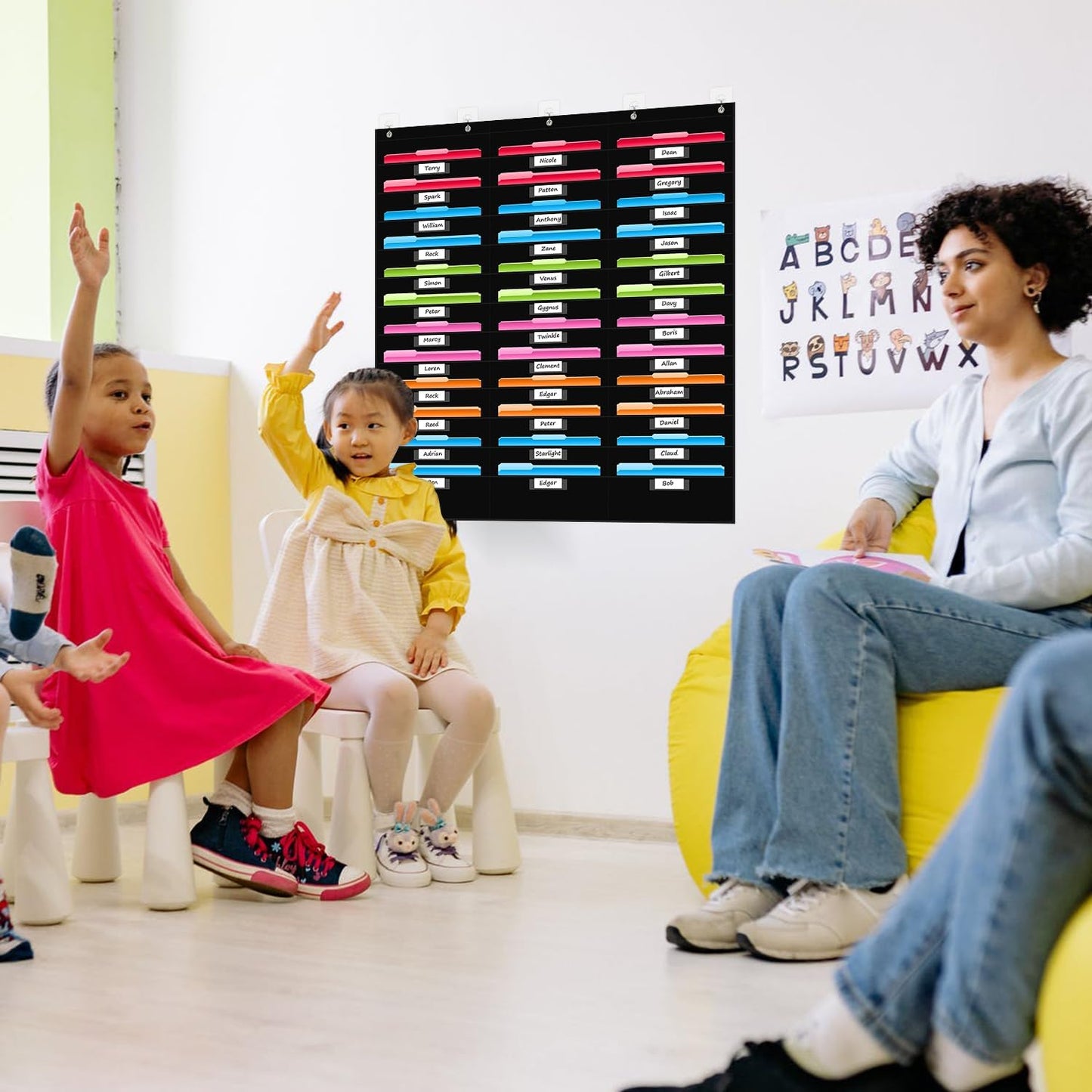 REGELETO 36 Pockets File Storage Pocket Chart with 36 Nametag Pockets, Hanging Wall File Organizer for Classroom and Office, Organize Your Assignments, Files, Scrapbooks, Paper (Black-36 Pockets)