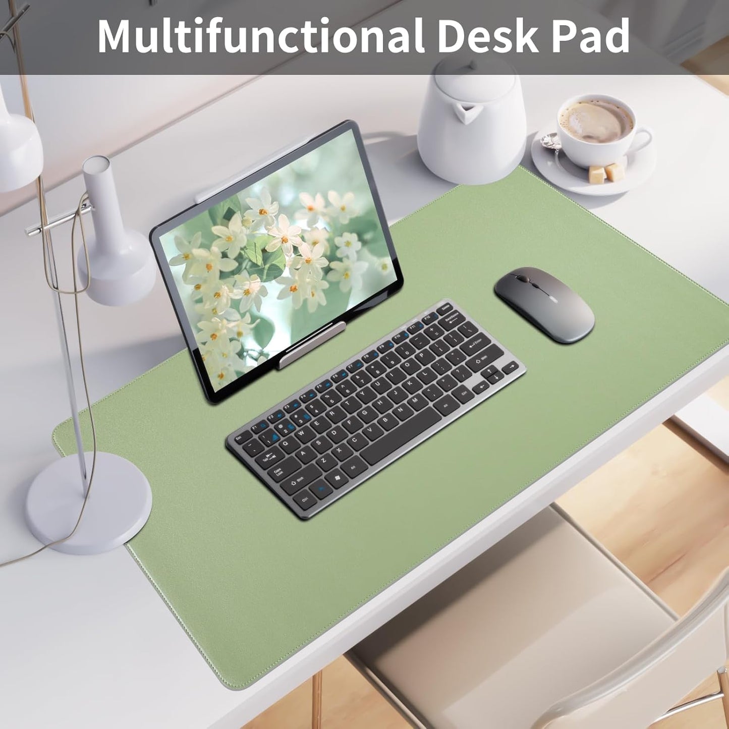 Light Green Desk Mat with Stitched Edges, Large Mouse Pad, Non-Slip Desk Protector Mat, Leather Desk Blotter, Waterproof Desk Pad for Office Home Decor(31.5×15.7 Inches)