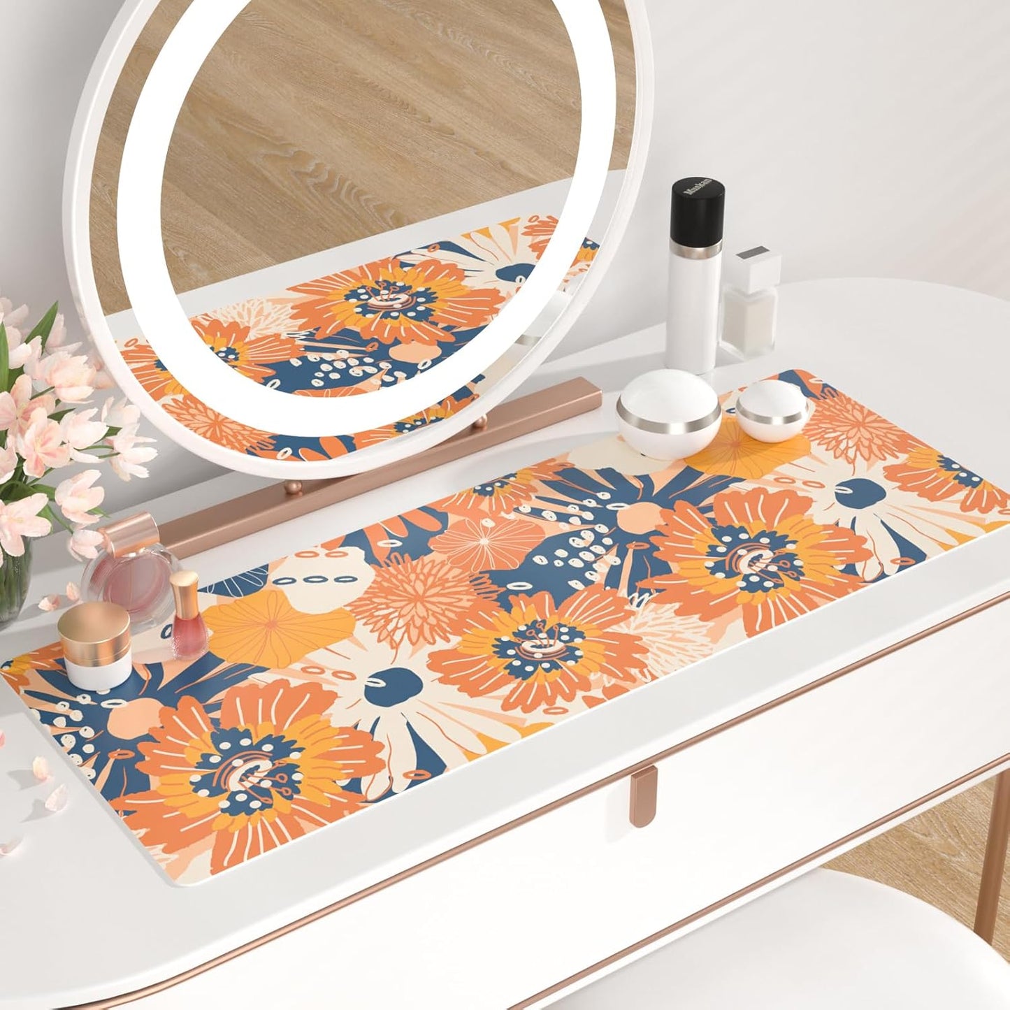 QIYI Large Desk Pad, Floral Mouse Pad Desktop Decor, Waterproof PU Leather Desk Cover Protector, Desk Accessories for Office Home Work Writing Gaming 31.5" x 11.8" - Orange Blue Flowers