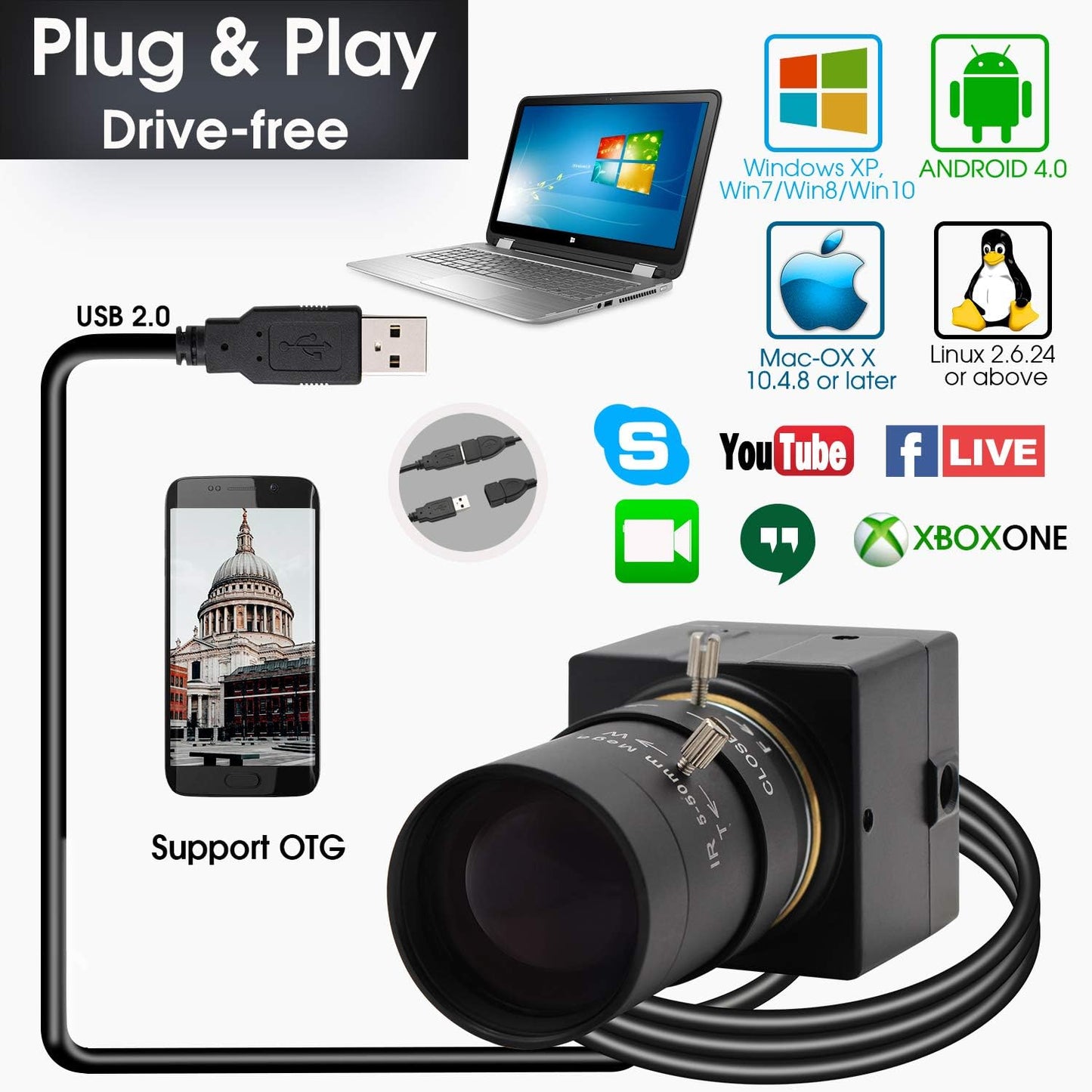 SVPRO USB Webcam with Zoom Lens 5-50mm, 10X Optical Zoom Manual Focus,High Resolution 3264x2448,Sony IMX179 Sensor,USB HD Computer Camera for Windows MAC Linux Android