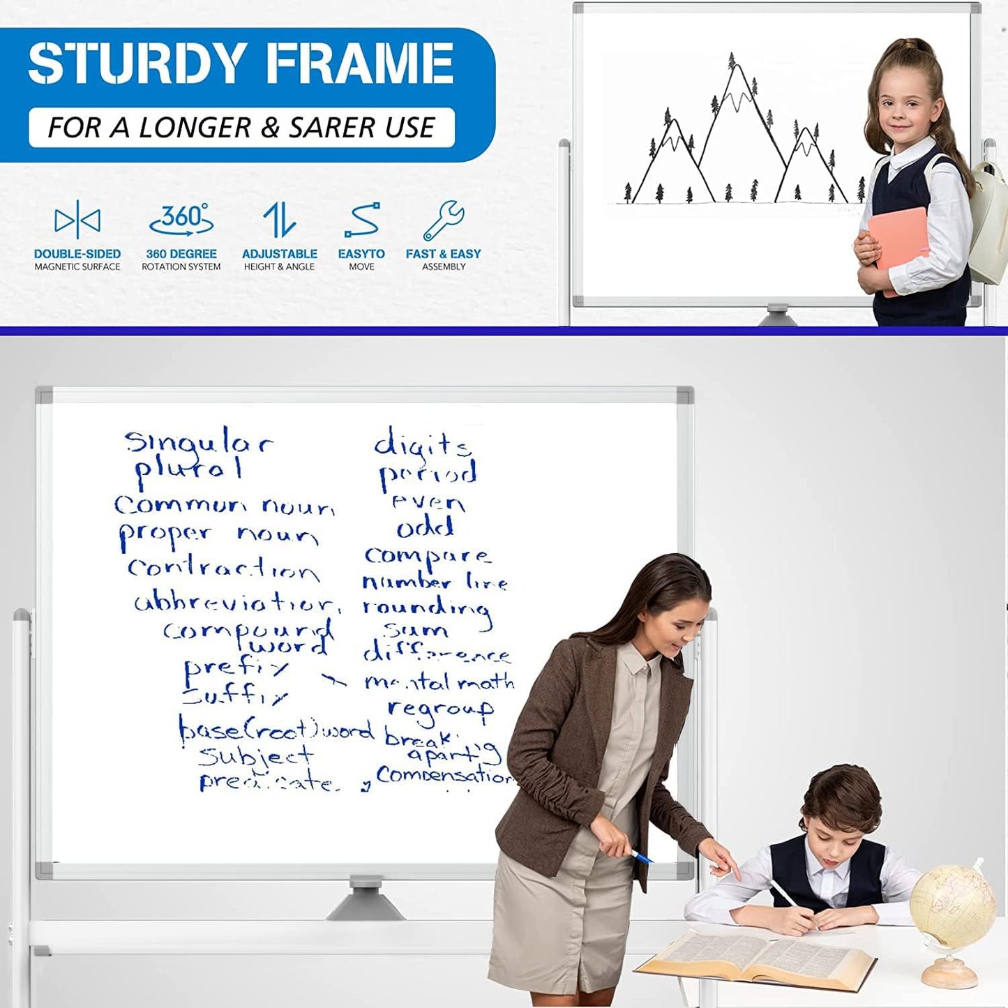 Large Dry Erase Board 48 x 36 Magnetic Non-Foldable Whiteboard with Stand Portable Mobile Rolling Double Sided with Wheels for Office Home Classroom