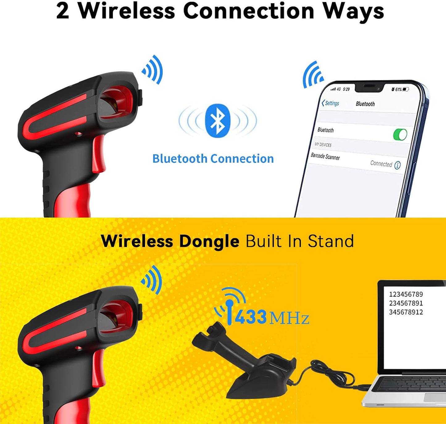 Alacrity Upgraded 2D Industrial Barcode Scanner with Wireless Charging Stand, 1968 Feet Transmission Distance 433Mhz Wireless & Bluetooth 2in1 Barcode Reader, Shock Dust Proof Hands Free, Red