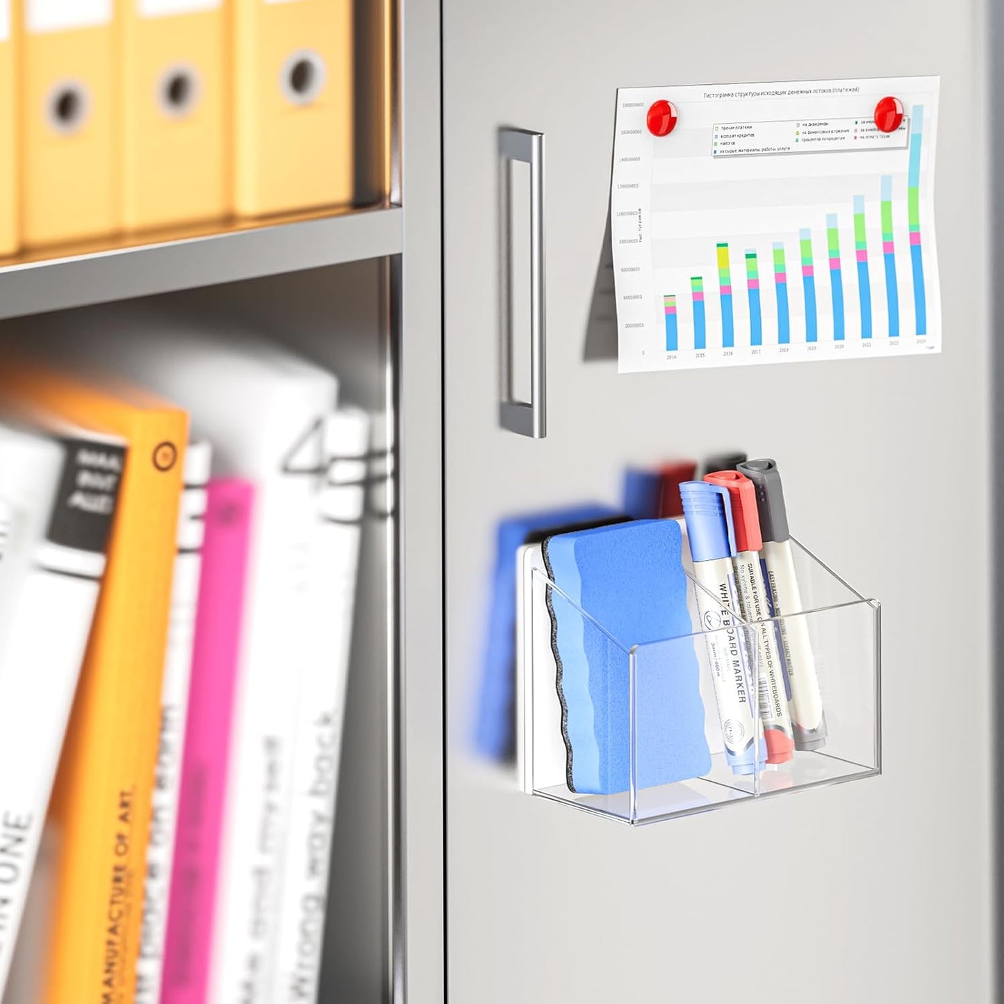 MaxGear Magnetic Marker Holder, Clear Acrylic Pen Organizer with 2 Compartments for Fridge, Locker, Whiteboard & Wall Pencil Cup - Includes Screws for Dry Erase Board Accessories