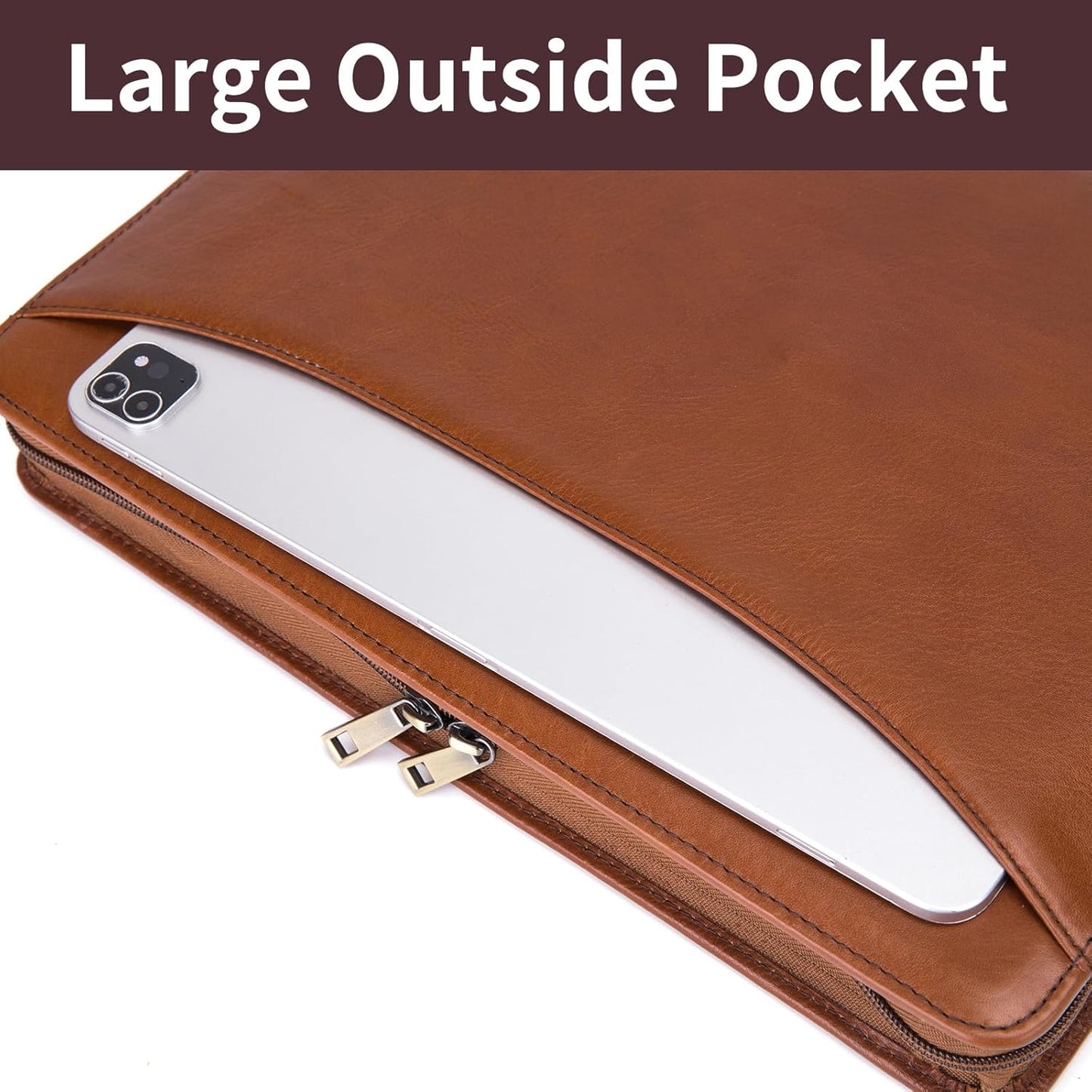 Personalized 3 Ring Binder Genuine Leather Portfolio, Front Pocket, Custom Engraved 8.5 x 11 Zippered Laptop Organizer for Men and Women, Professional Business Work Padfolio, Brown, Oil Tanned